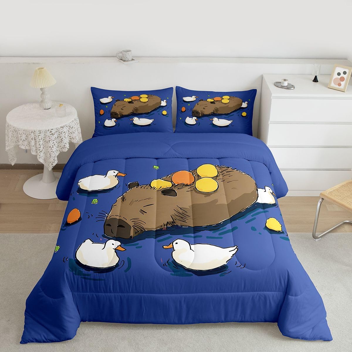 jejeloiu Cartoon Capybara Bedding Set Twin Size Cute Goose Comforter Set for Kids Boys Girls Decor Lemon Pattern Comforter Cute Animals Lovers Blue Duvet Set Bedroom Quilt Set