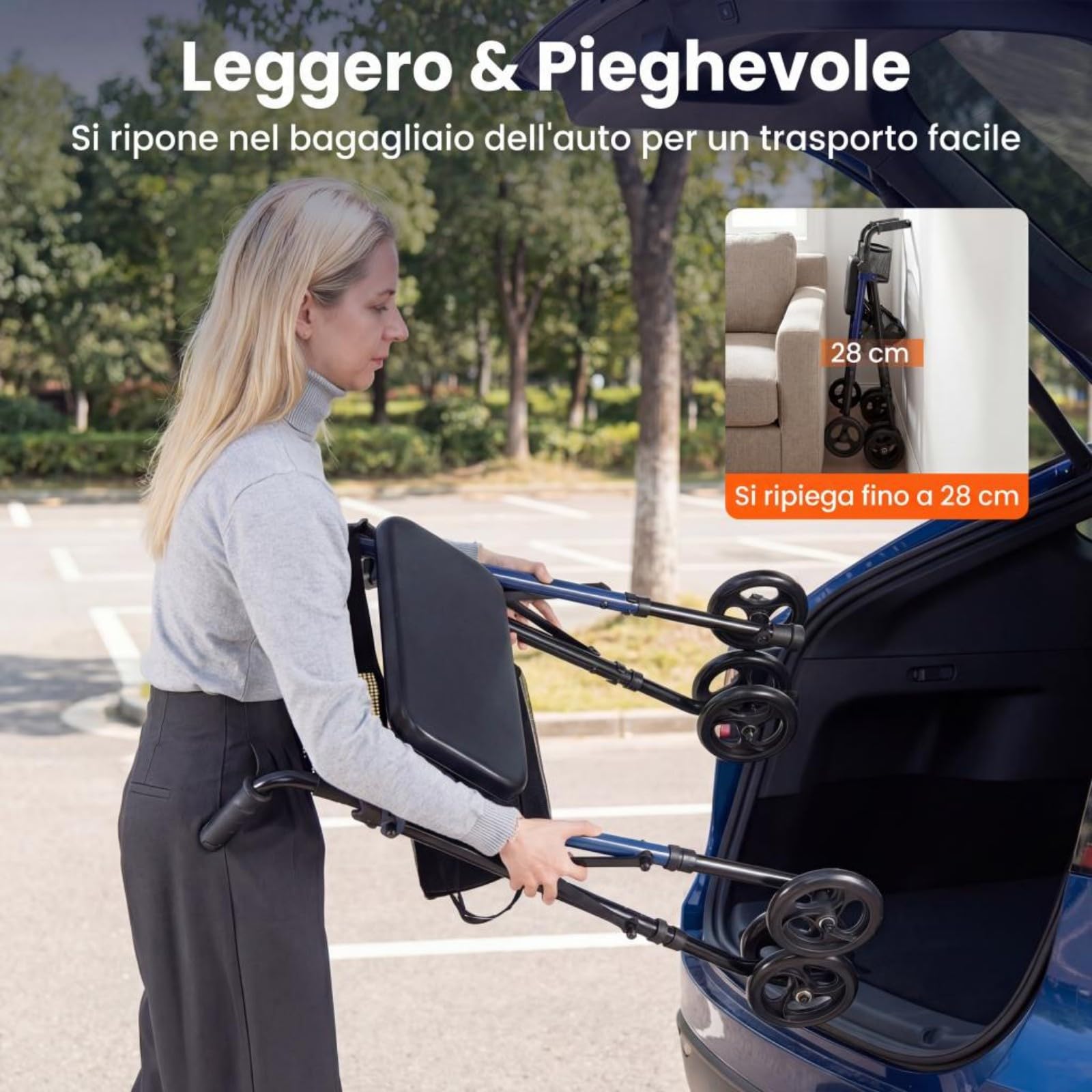 COSTWAY Deambulatore Pieghevole per Anziani, Girello a 4 Ruote con Sedile, Maniglie Regolabili a 8 Livelli, Schienale e Borsa a Rete, Deambulatore Rollator Ultraleggero per Disabil, Portata 136 kg