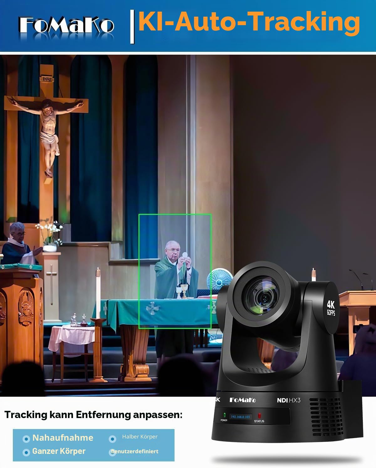 FoMaKo 4K 60FPS NDI HX3 PTZ Kamera, 30x Optischer Zoom, NDI-Ausgang 4K@60, KI-Auto-Tracking, 3G-SDI HDMI2.0 LAN PoE USB3.0, Professionelle NDI-Live-Streaming-PTZ-Kamera (K630N)