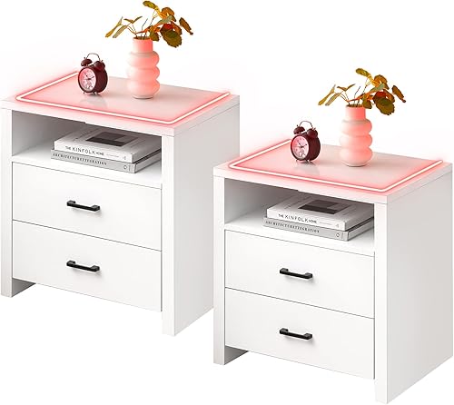 Miniatura 21 de GAOMON Mesita de noche blanca con luces LED, moderna mesita de noche con 2 cajones de almacenamiento y almacenamiento abierto, mesa auxiliar para