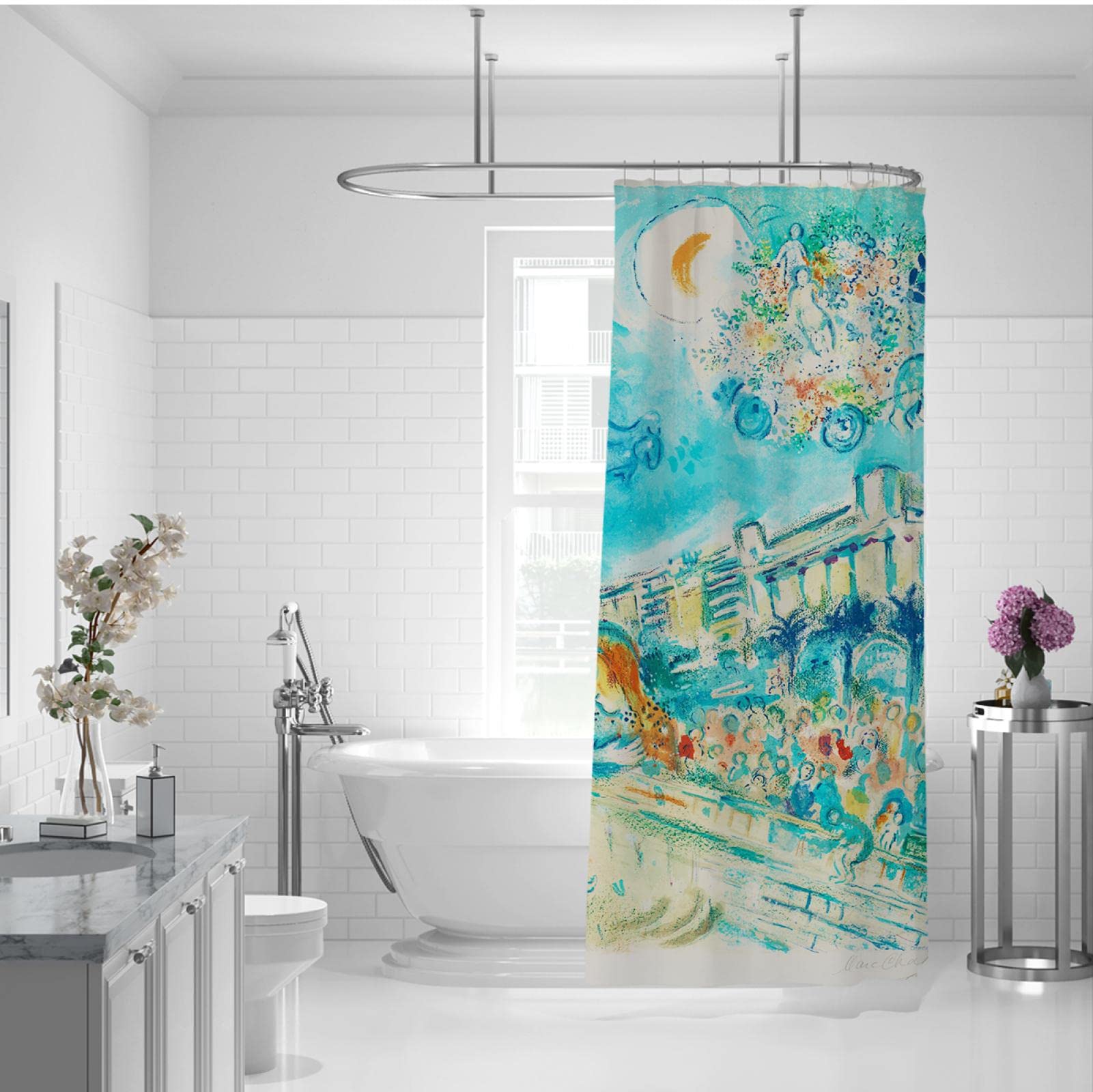 Marc Chagall Malowanie Zasłony prysznicowe Wystrój łazienki z Happy Fantasy Pattern Kwiatowa zasłona prysznicowa Soft Hotel Quality Design Blue 180x220cm