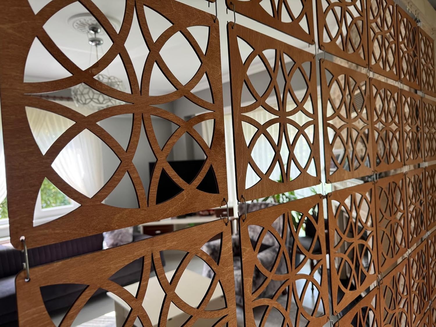Hanging Room Divider Panels – Teak Finish Wooden Privacy Screen, Modern Geometric Laser Cut Wall Divide,Set of 12 Panels
