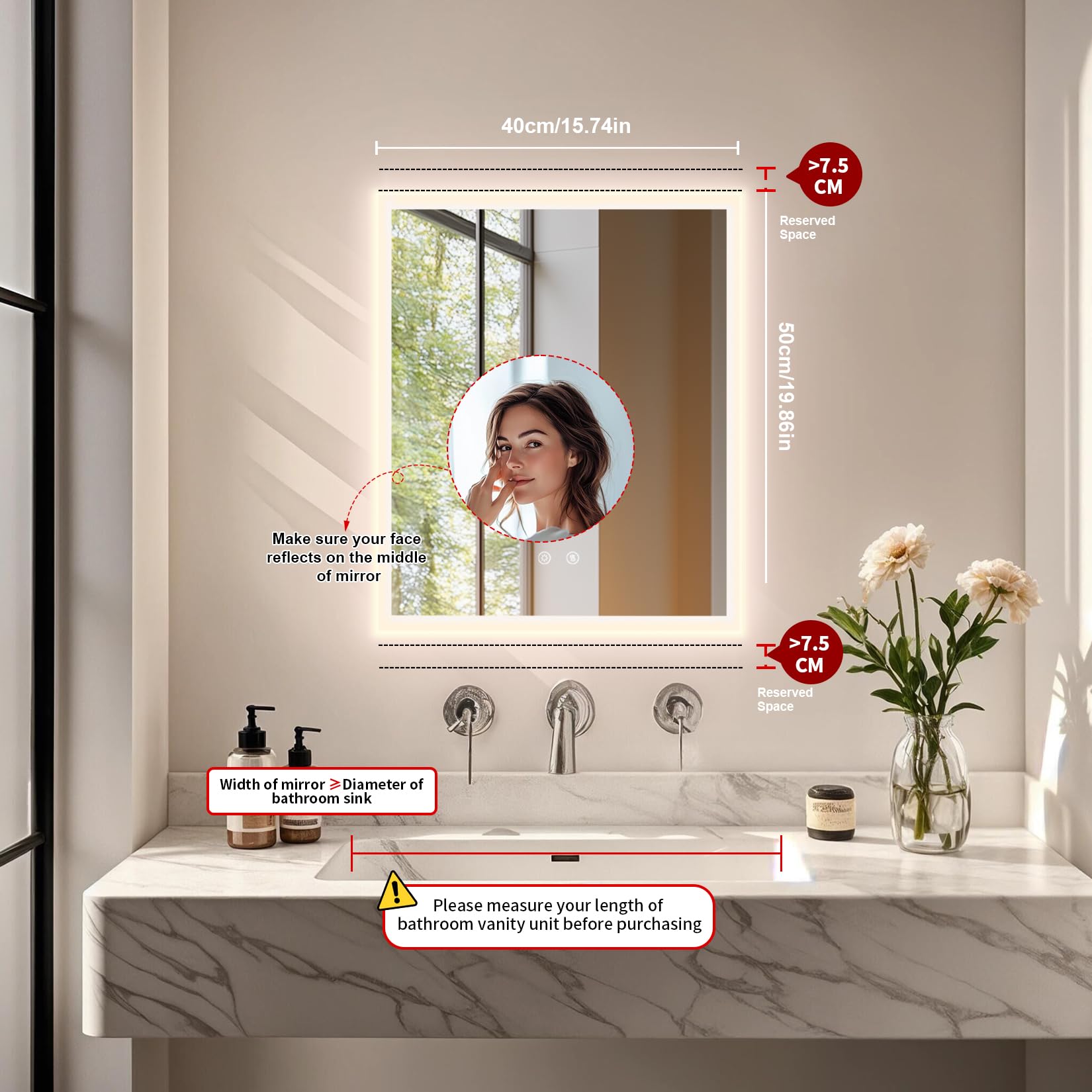 LUVODI Miroir Salle de Bain avec Éclairage 40x50 cm : Miroirs LED Rétroéclairé Anti-Buée, Luminosité Dimmable et 3 Couleurs Réglables, Fonction Mémoire, Verre HD, Étanche IP66, Température 3000K-6000K