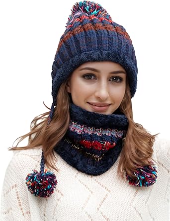 Womens Winter Hat Pom Beanie Hat Scarf Set with Fleece Lined Slouchy Knit Skull Cap for Women Winter Pom Pom Hats