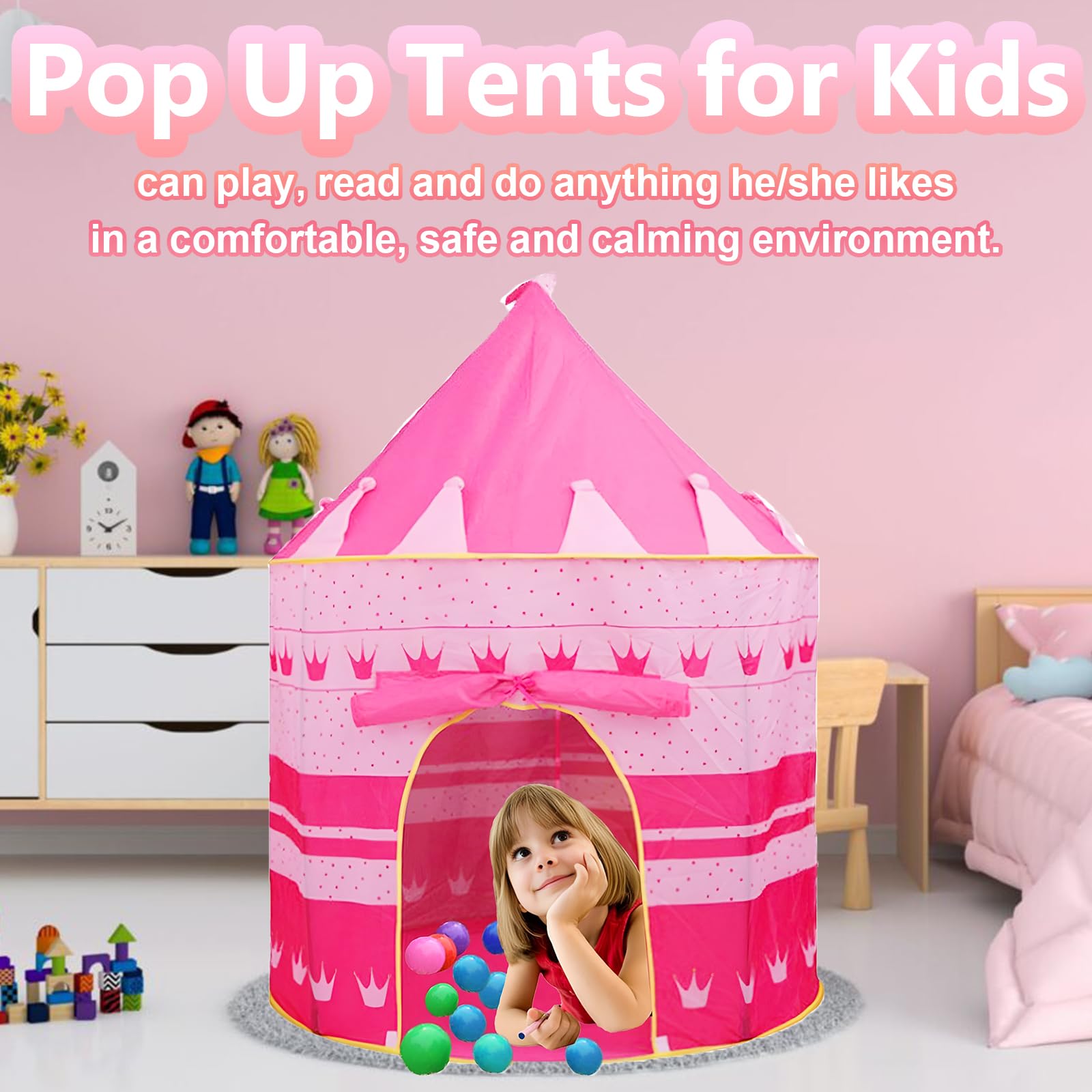 Pop Up Princess Castle Teepee Tent - Pink, Print Cloth Mongolian Yurt, Indoor/Outdoor Portable Kids Play Tent - Image 4
