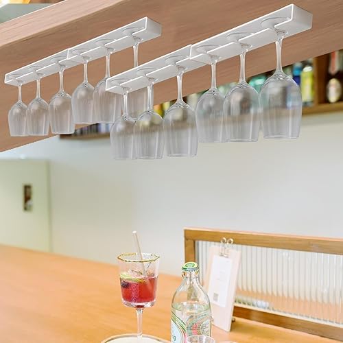 Miniatura 7 de Paquete de 4 estantes para copas de vino, sin taladrar debajo del gabinete, organizador para bar y armario de cocina (blanco clásico)