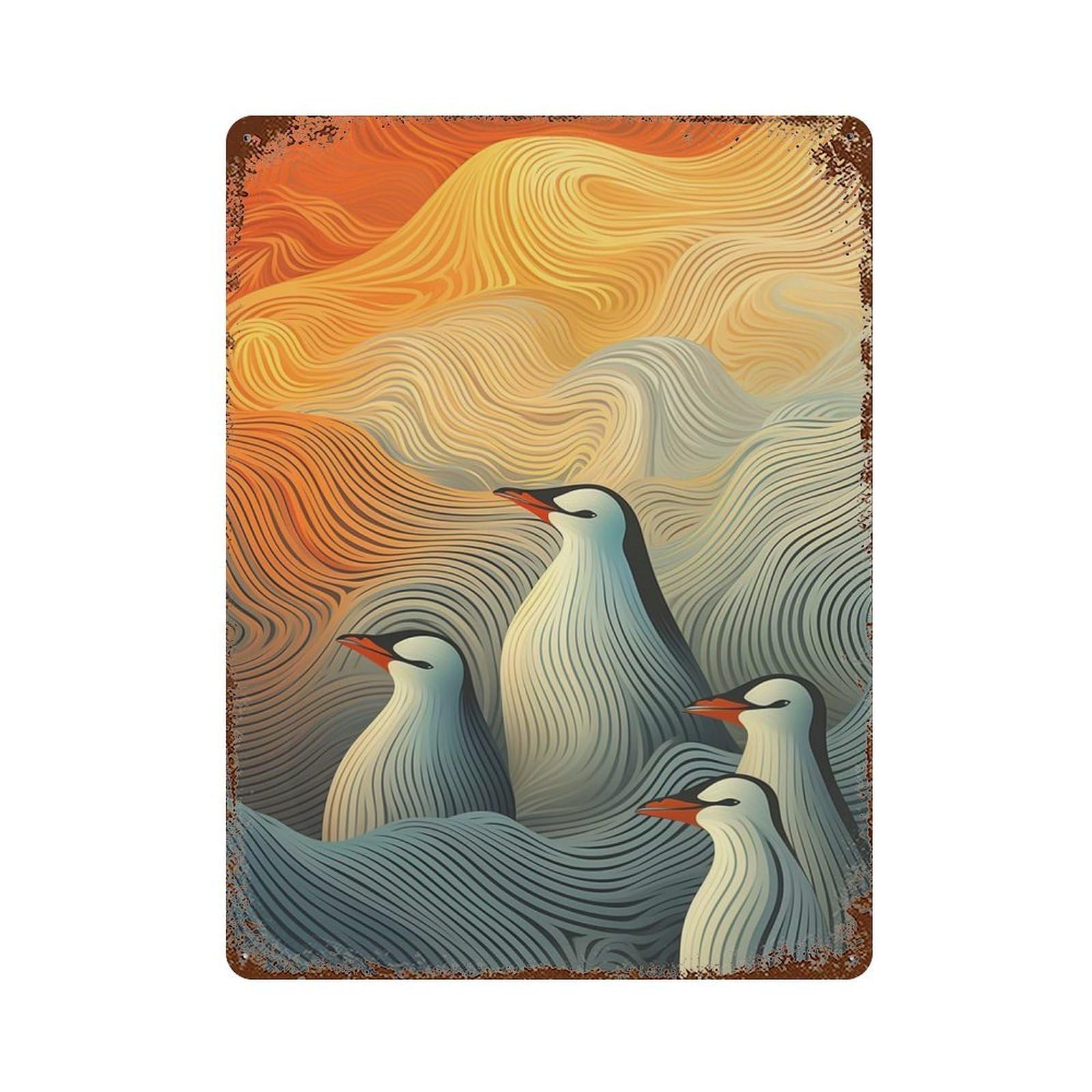 Wavy Penguins Aged Metal Wall Plaque 15.7"x11.8", Ideal for Garage, Bar And Workshop Decor