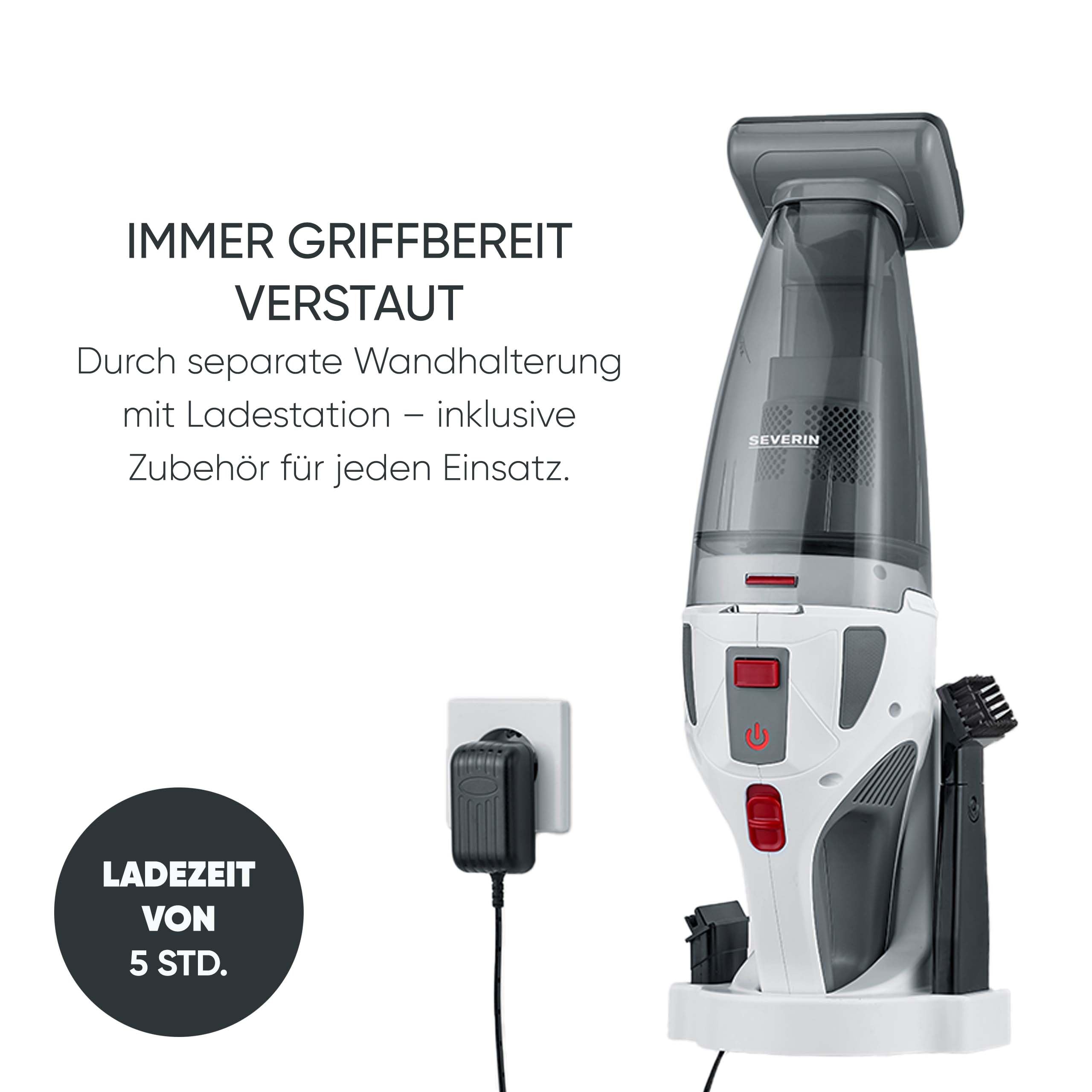 Severin 4-in-1 Akku-Handstaubsauger, kabelloser Nass- & Trockensauger für Autositze, Handsauger für Tierhaare & Flüssigkeiten, bis zu 30 Min Laufzeit im Eco-Mode, weiß-graurot, HV 7146