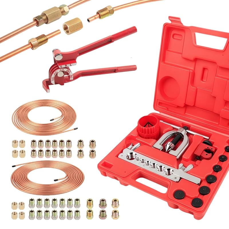 Kit de reparo de linha de freio Wostore com flangeador, curvador e 44 conexões, tubos de 3/16 pol. e 1/4 pol., 7,62 m