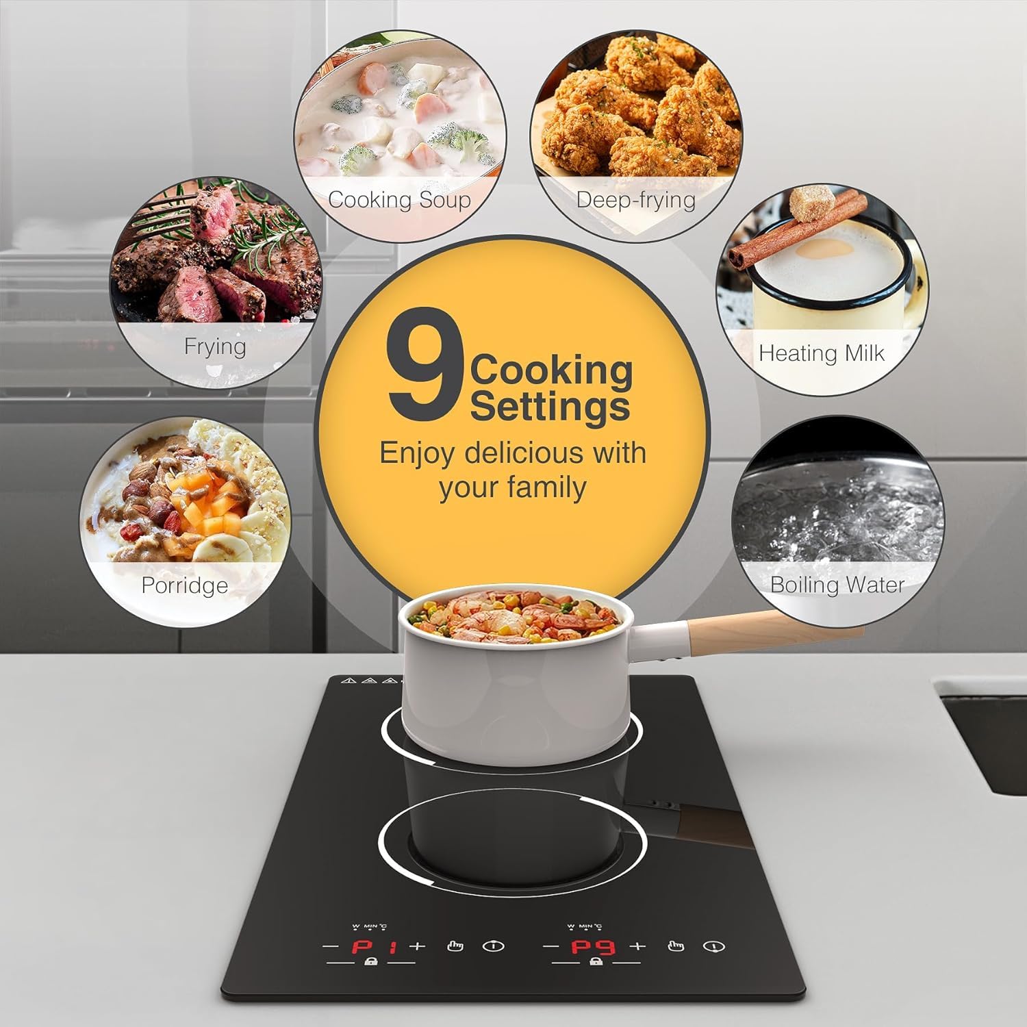 VBGK Double Induction Hob, 3000W Portable Induction Hob, Built-in Induction Cooker with LED Touch Display, 9 Power Level, 120 Mins Timer & Safety Lock, 220~240V, Black — view 6