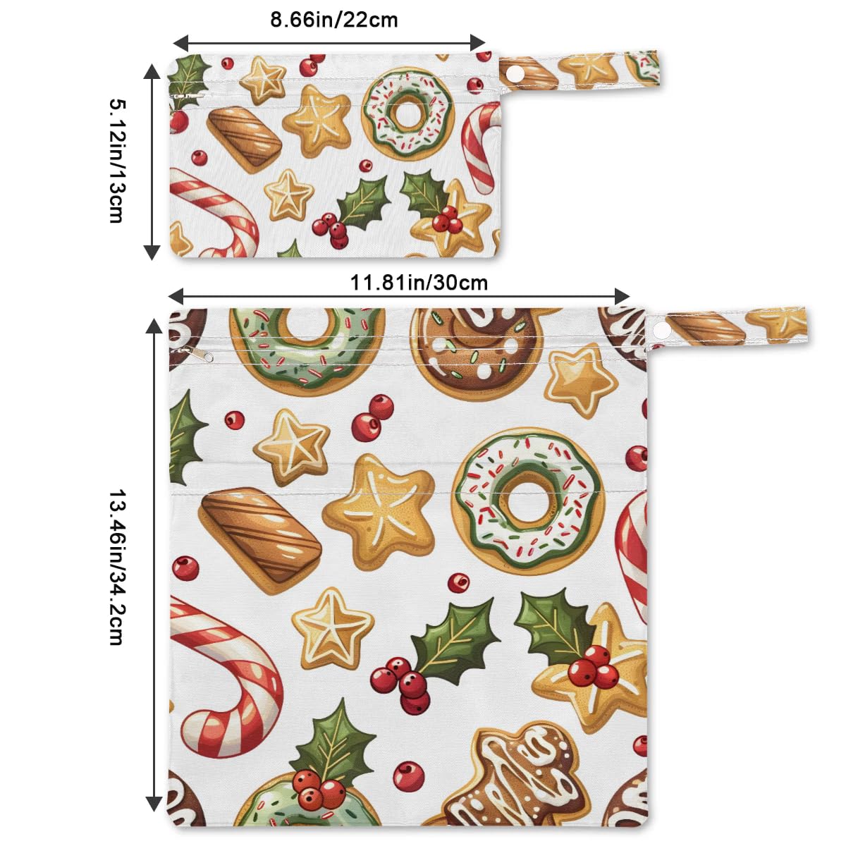 2pcs Cloth Diaper Wet Dry Bag with Two Zipper Pocket Waterproof Storage Bag Travel Laundry Bags, Beach, Pool, Breast Pump Parts, Gym Bag for Swimsuits & Wet Clothes for Baby (Festive Candy Cane)