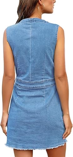 Miniatura 2 de LookbookStore - Vestido de mezclilla corto sin mangas, con cuello en V y dobladillo deshilachado, para mujer