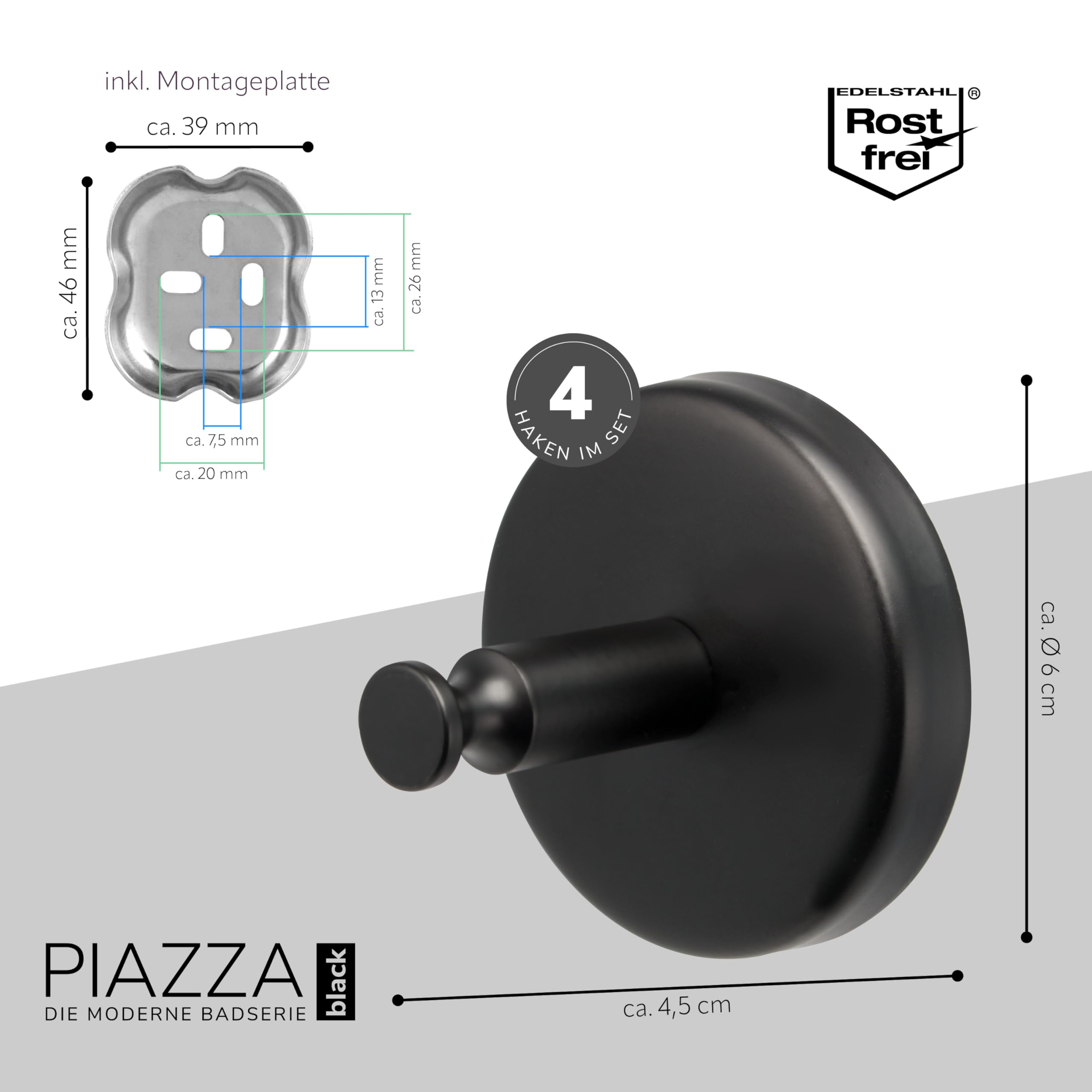 bremermann Bad-Serie PIAZZA BLACK - Handtuchhaken 4er Set aus Edelstahl matt schwarz