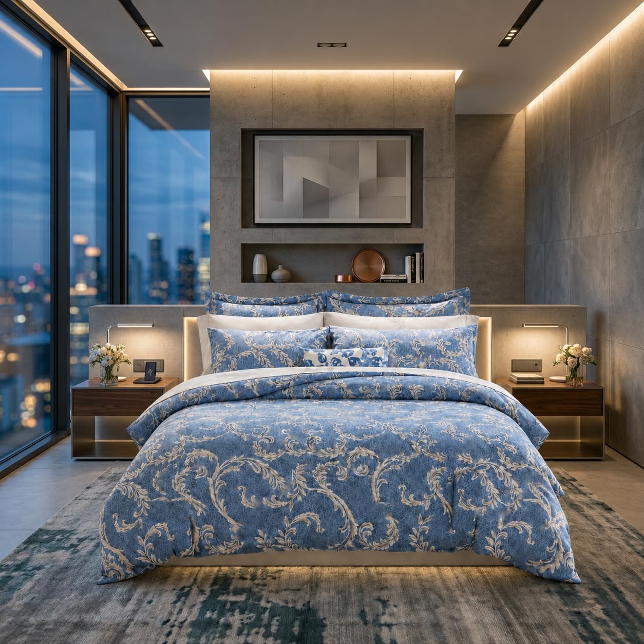 Set Copripiumino Matrimoniale HOME Collezione D’Autore – 4 Pezzi, Copripiumino 220x230 cm, Lenzuolo con Angoli 160x200+35 cm, 2 Federe 50x80 – Microfibra Ultra Soft (Damascato Cielo)