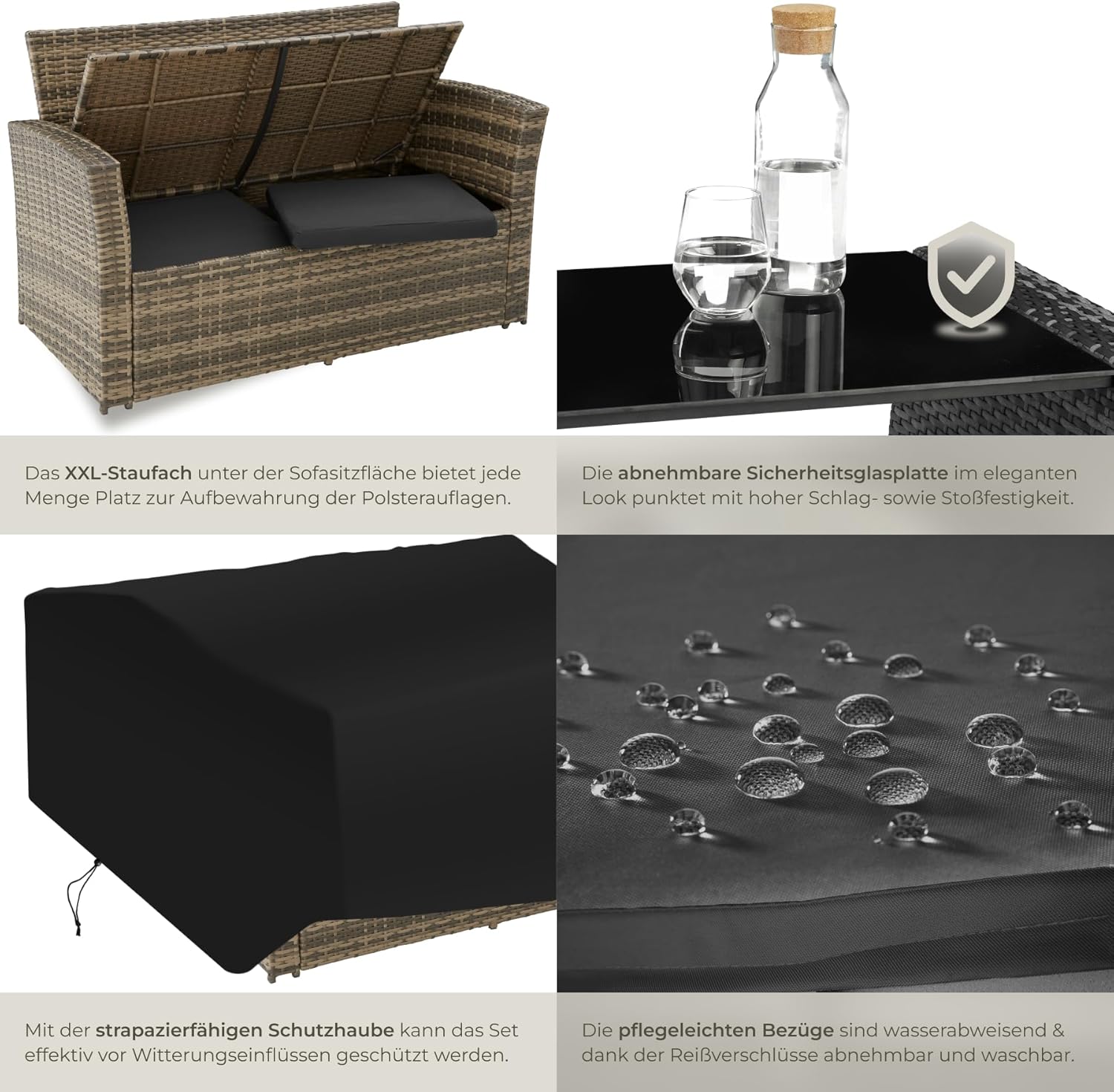Close-up images showing the sofa's integrated storage box and the durable safety glass table top, along with the water-resistant protective cover and cushion fabric.
