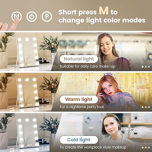 Miniatura 8 de Espejo de tocador con luces, 11 x 14 pulgadas, espejo de maquillaje iluminado Hollywood con aumento desmontable 10X y 11 modos regulables de 3