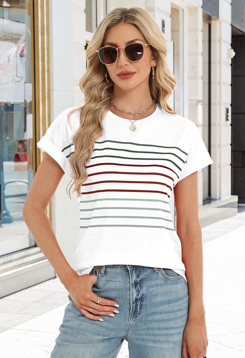Womens Summer Tops Short Dolman Sleeve Crew Neck Striped Shirts Spring 2026 Fashion Beach Vacation Clothing