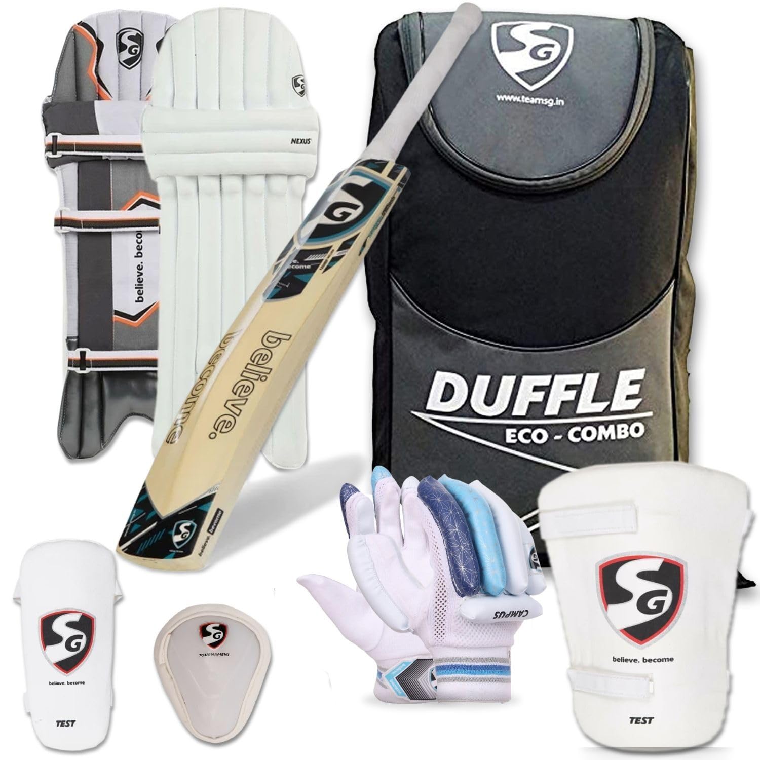 SG Eco Duffle Cricket Kit, Kashmir Willow Bat, Batting Pads, Gloves,Kitbag,Guard and Protection Gear (Black/Grey, SH)-image-26