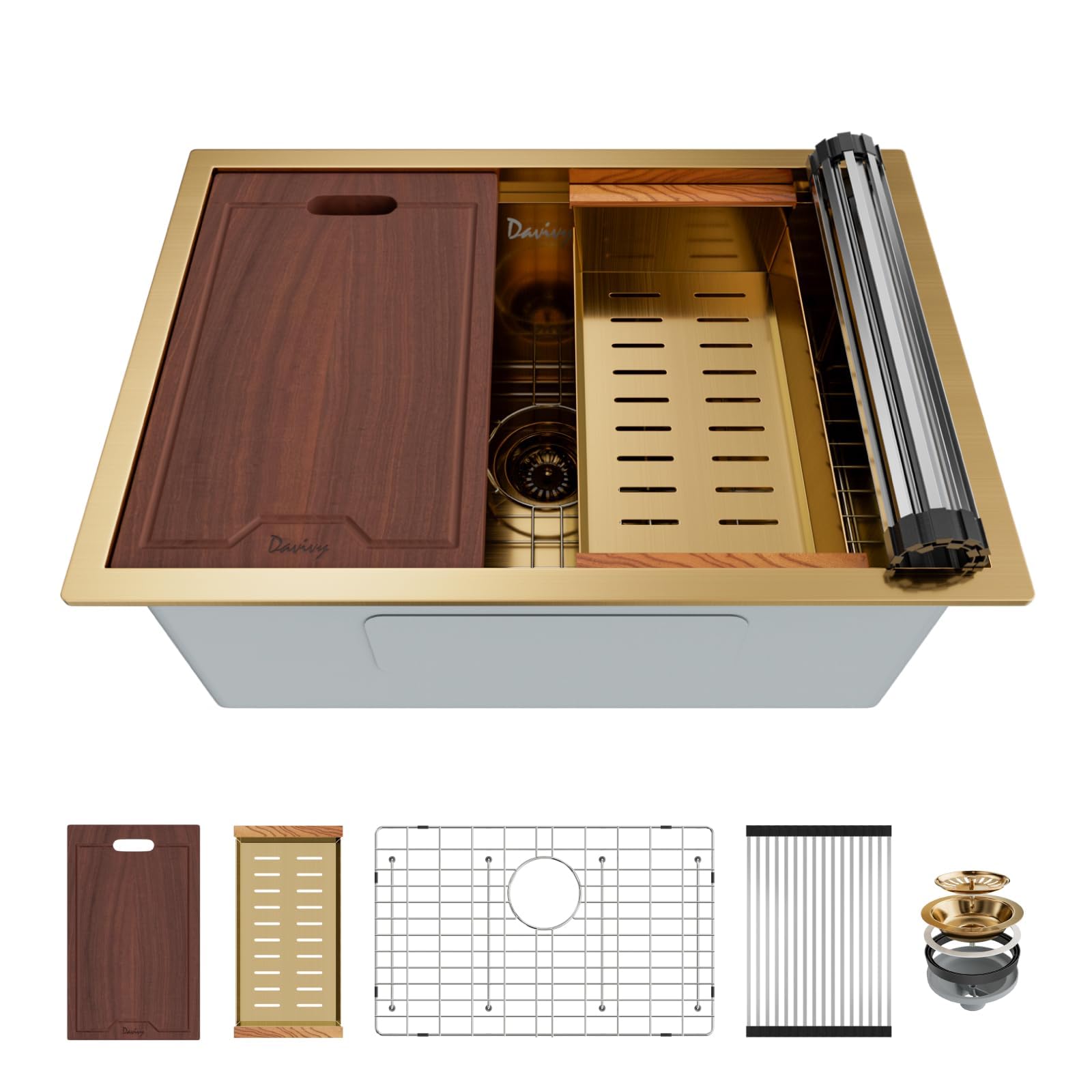 Davivy 26 inch Kitchen Sink Undermount Gold, 16 Guage Stainless Steel Single Bowl 10 inch Deep Workstation Prep Kitchen Sinks (Undermount(26"Lx18"Wx10"D), Gold)