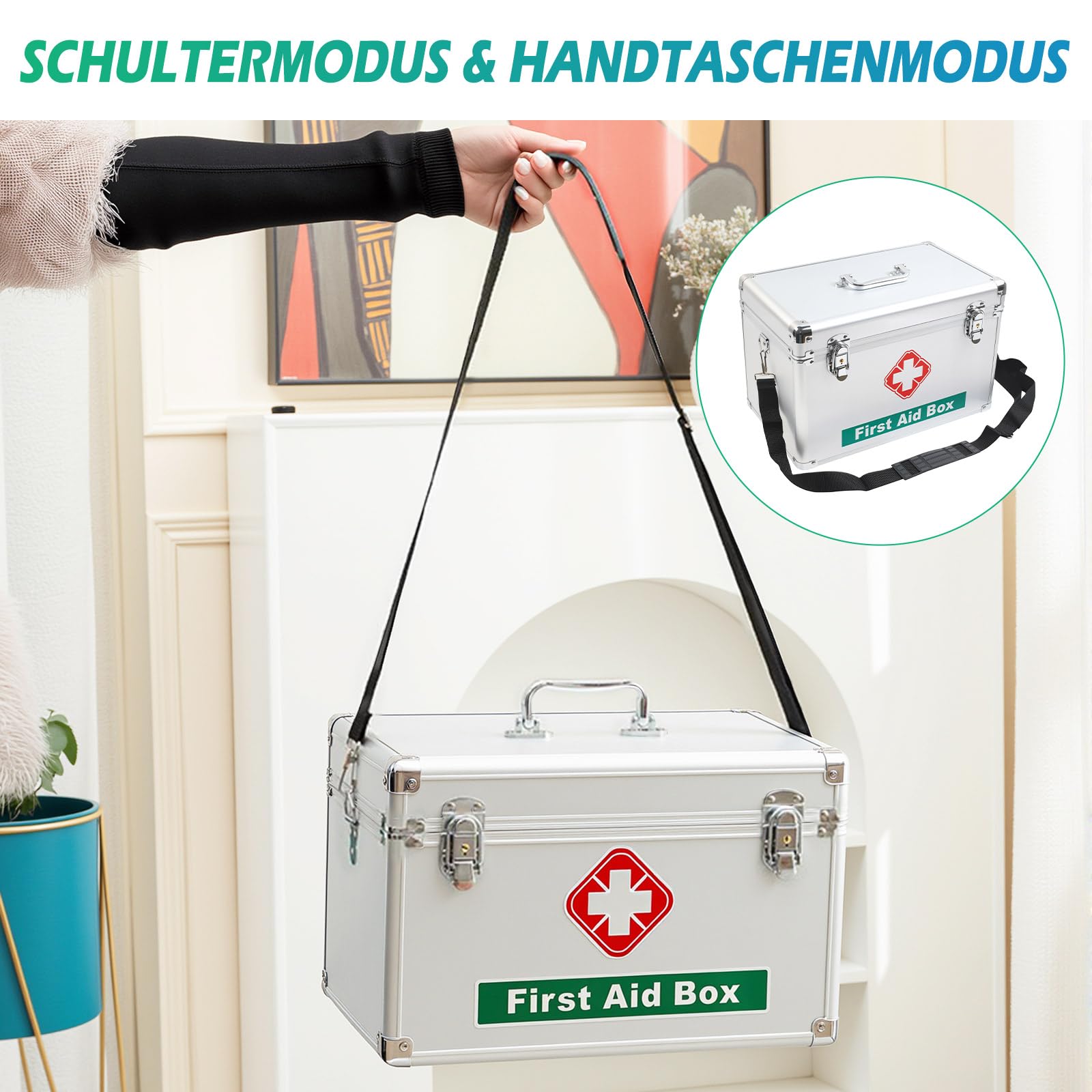 Werschließbare Medikamentenbox, Abschließbare Medizinbox Aufbewahrungsbox mit Tragegriff & Tragegurt 36.5 x 24 x 22 cm, Medikamenten Aufbewahrung Erste Hilfe Koffer für Haus Schule Krankenhaus