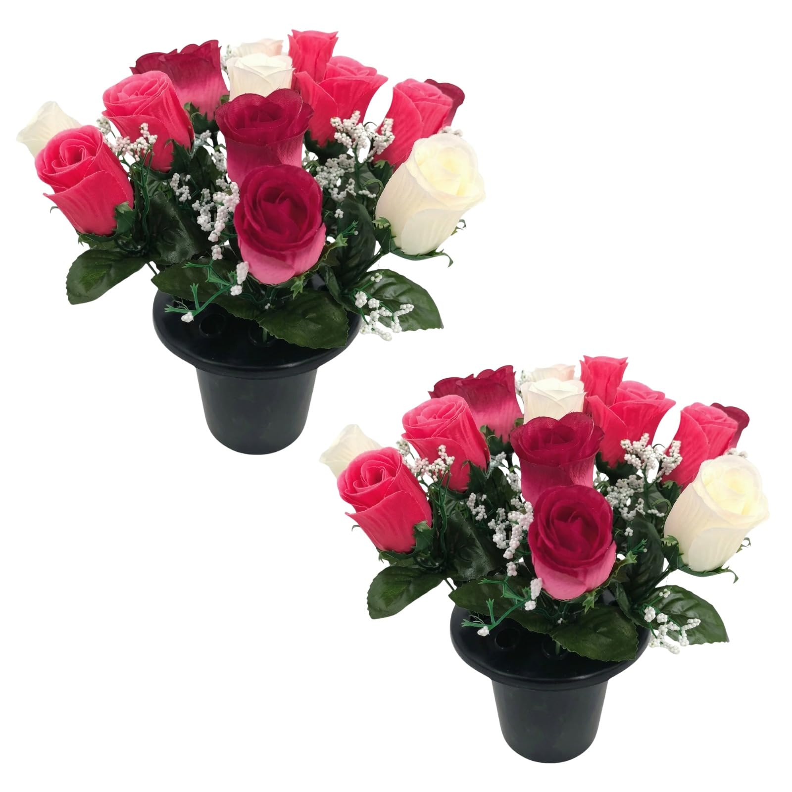 Pack 2 Artificial Flowers for Graves in Pots 25cm | 12 Head Ivory/Fauchia/Creise Grave Flower Pots | Perfect for Enhancing Memorial & Cemetery Décor | Elegant Design for a Lasting Funeral Tribute. — image 1
