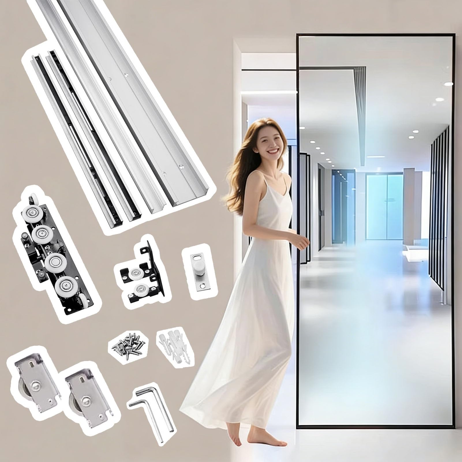Miroir fantôme à fermeture douce sur système de rail de porte invisible de placard