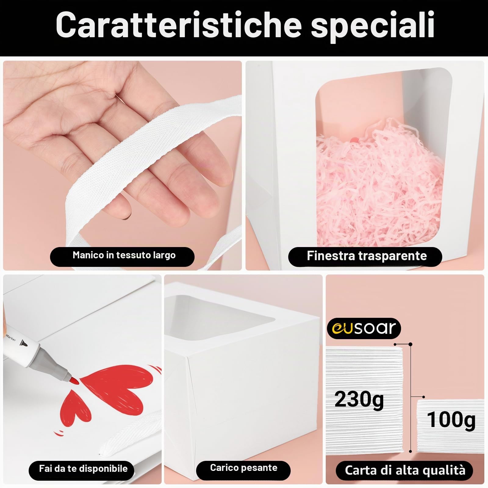 EUSOAR Sacchetti Regalo Bianco - 50 Pack Sacchetti di Carta con Finestra - 20x16x30cm Buste Carta con Manico - 230GSM Busta Regalo Compleanno - Sacchetti Trasparenti Festa Shopper