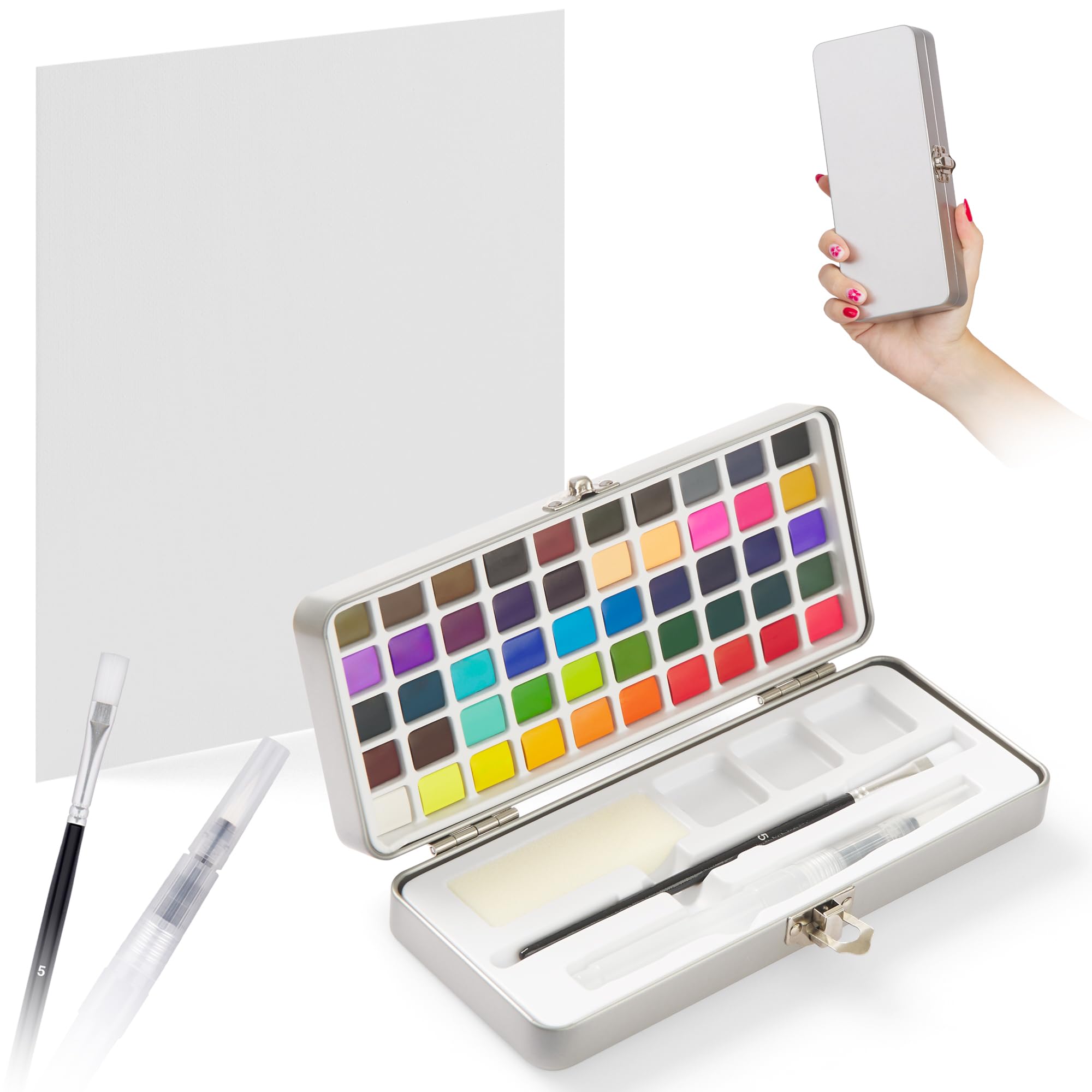DaLareira Acuarelas Profesionales para Niños y Principiantes - Acuarelas en Set de 50 Colores en Estuche Metálico con Pinceles y Lienzo - Ideal para Viaje y Uso Escolar