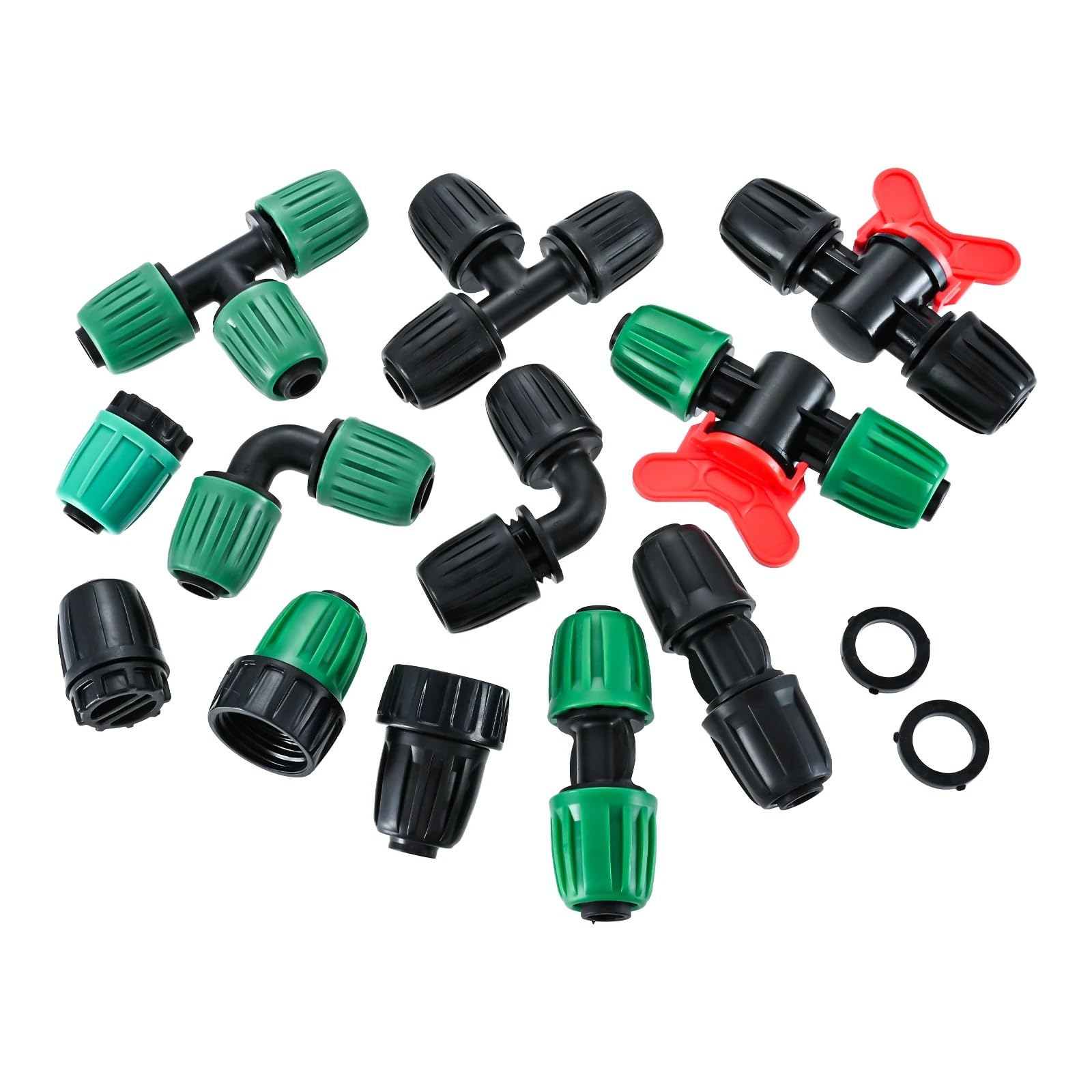 32 pz/set 1/2In per ID Tubi Raccordi 0.6-0.63 OD 16mm Irrigazione a goccia Spinato Bloccato Dadi Connettori Interruttore Tees kit di accoppiamento