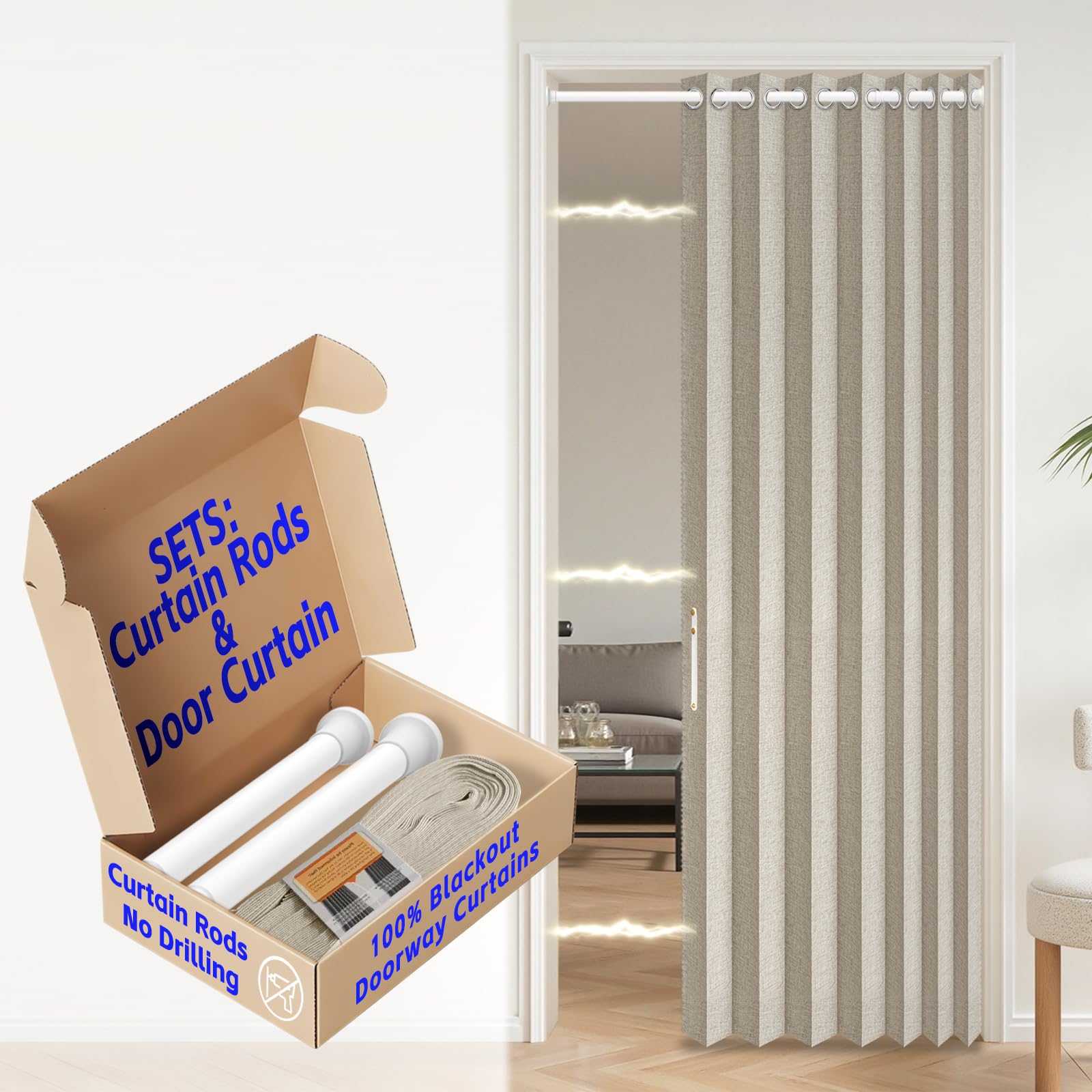 AJAZZ Blackout Accordion Door Curtains with Curtain Rods 28-39 in Length, Magnetic Door Curtain Blackout Curtains for Bedroom, Doorway Curtain Set, 1 Panel, W45 x L80 in, Cream White โ image 1