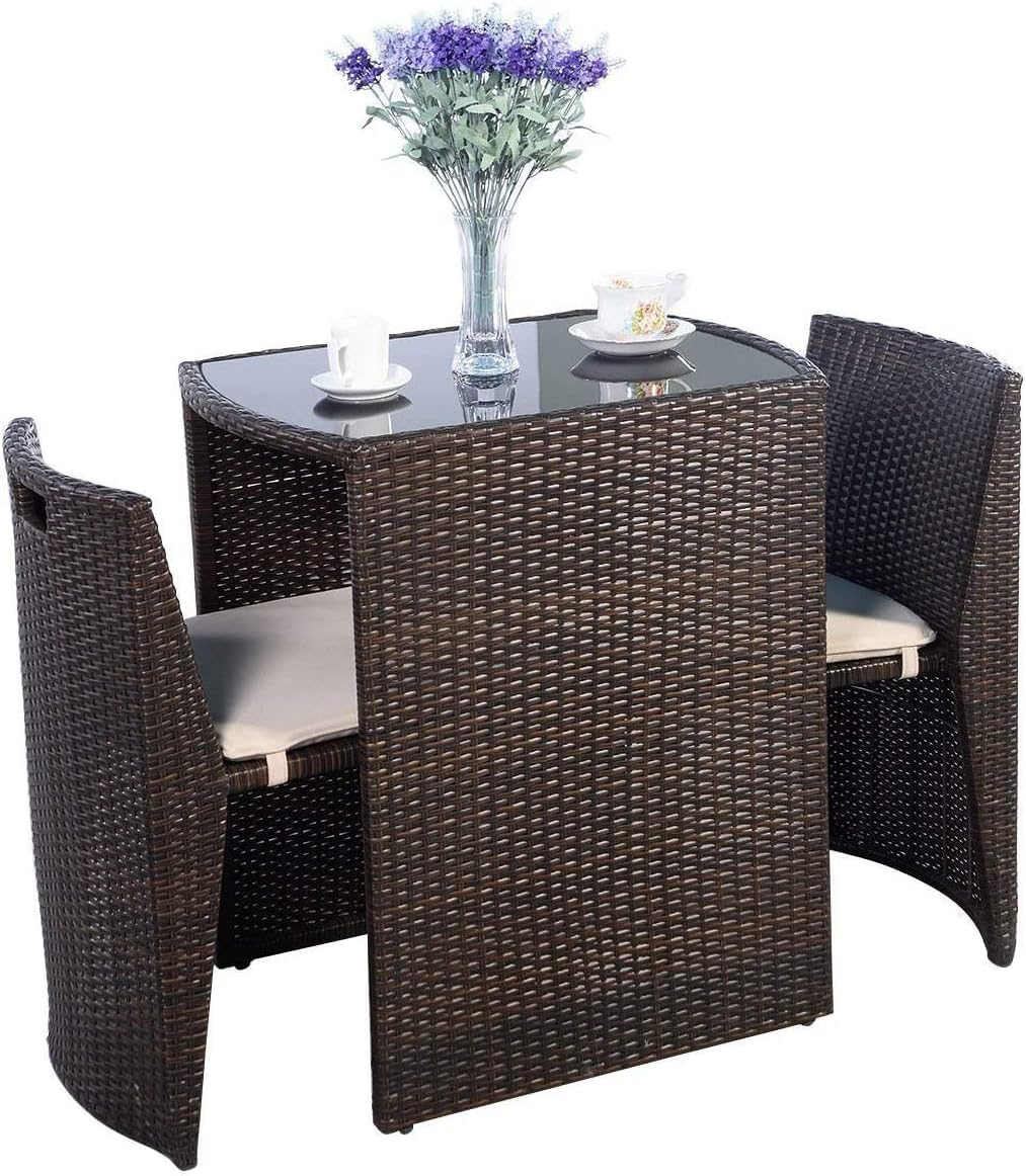 LUARANE 3 PCS Outdoor Wicker Patio Bistro Set, Casual Conversation Sets with 2 Wicker Chairs and Top Coffee Table, Suitable for Gardens, Balconies, Poolside
