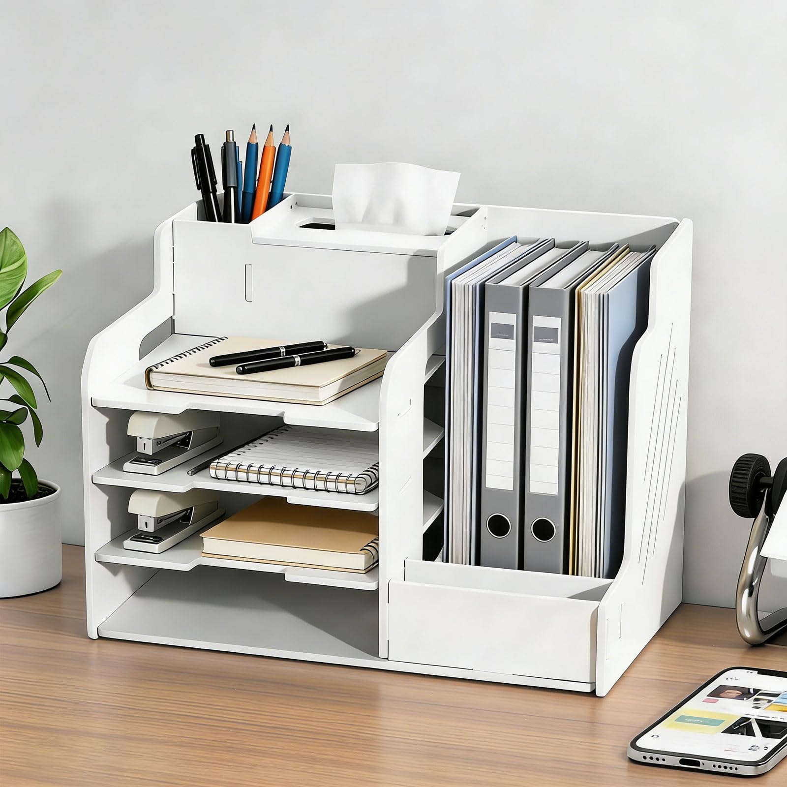 4-Tier Office White Letter Tray Desk Office Organizer A4 File Holder Paper Sorter with Vertical Horizontal Letter Rack with Pen Holder & Tissue Box, Desktop Organiser for Home School Office Storage