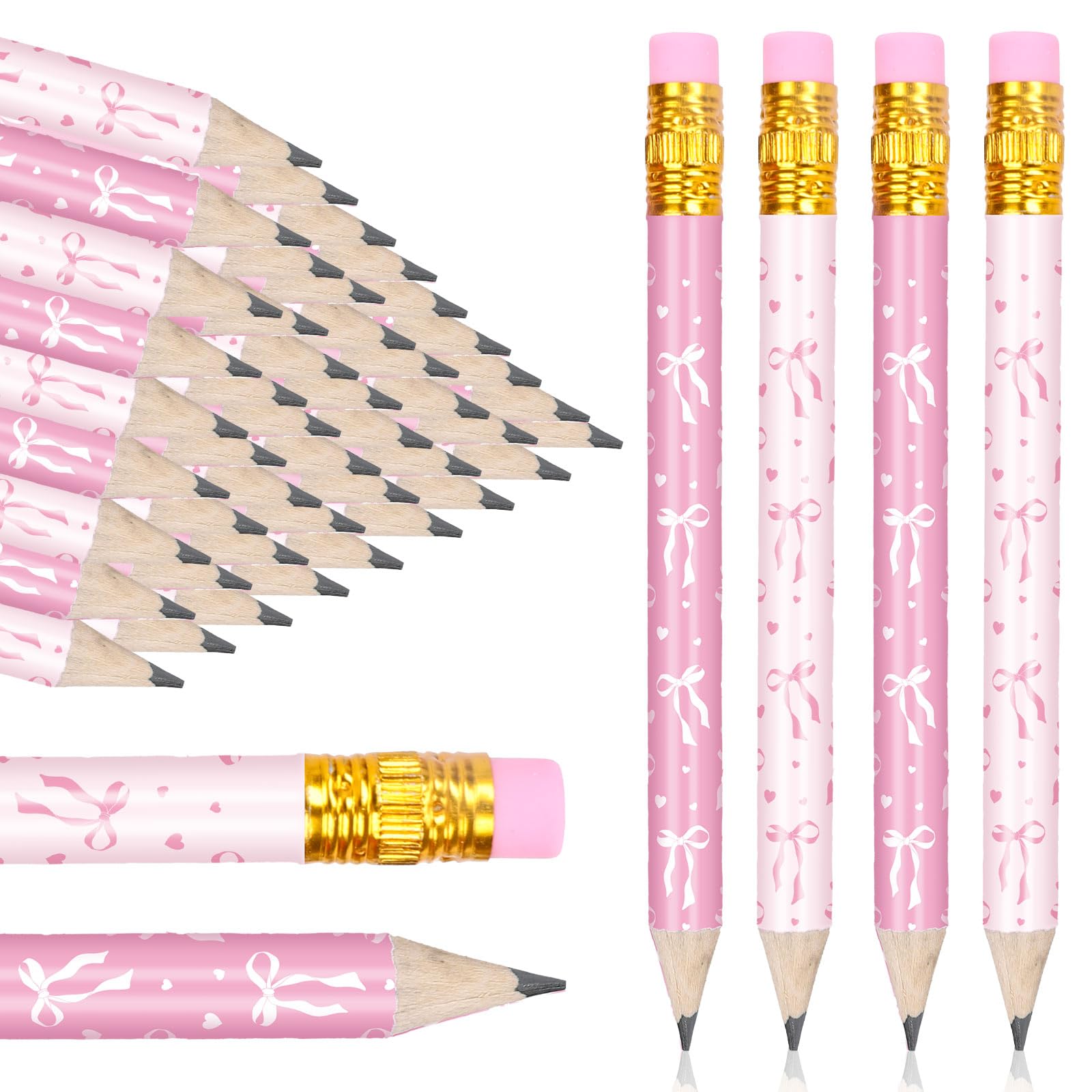 FYSUIMU 50Pcs Pink Bow Short Pencil with Eraser Trendy Bowknot Writing Pencil Wood Mini Pencils for School Classroom Office Stationery Supplies, 4