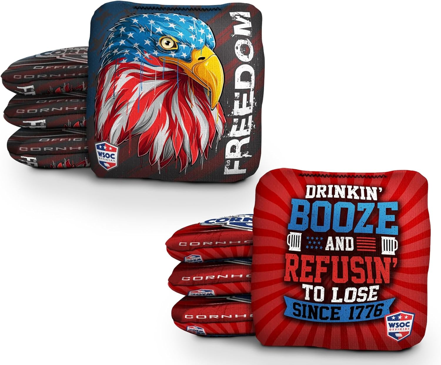 World Series of Cornhole Official Pro Cornhole Bags Set of 8–Regulation Size & Weight Durable All-Weather Corn Hole Bean Bags–Funny Patriotic Party Designs–Professional Outdoor Yard Game Accessories