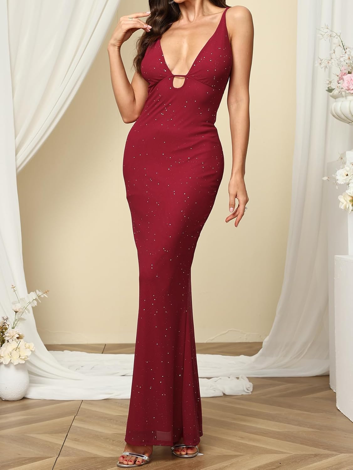Women Sequin Sexy Maxi Dress Cocktail Long Formal Wedding Guest V Neck Sparkly Dresses - Image 6