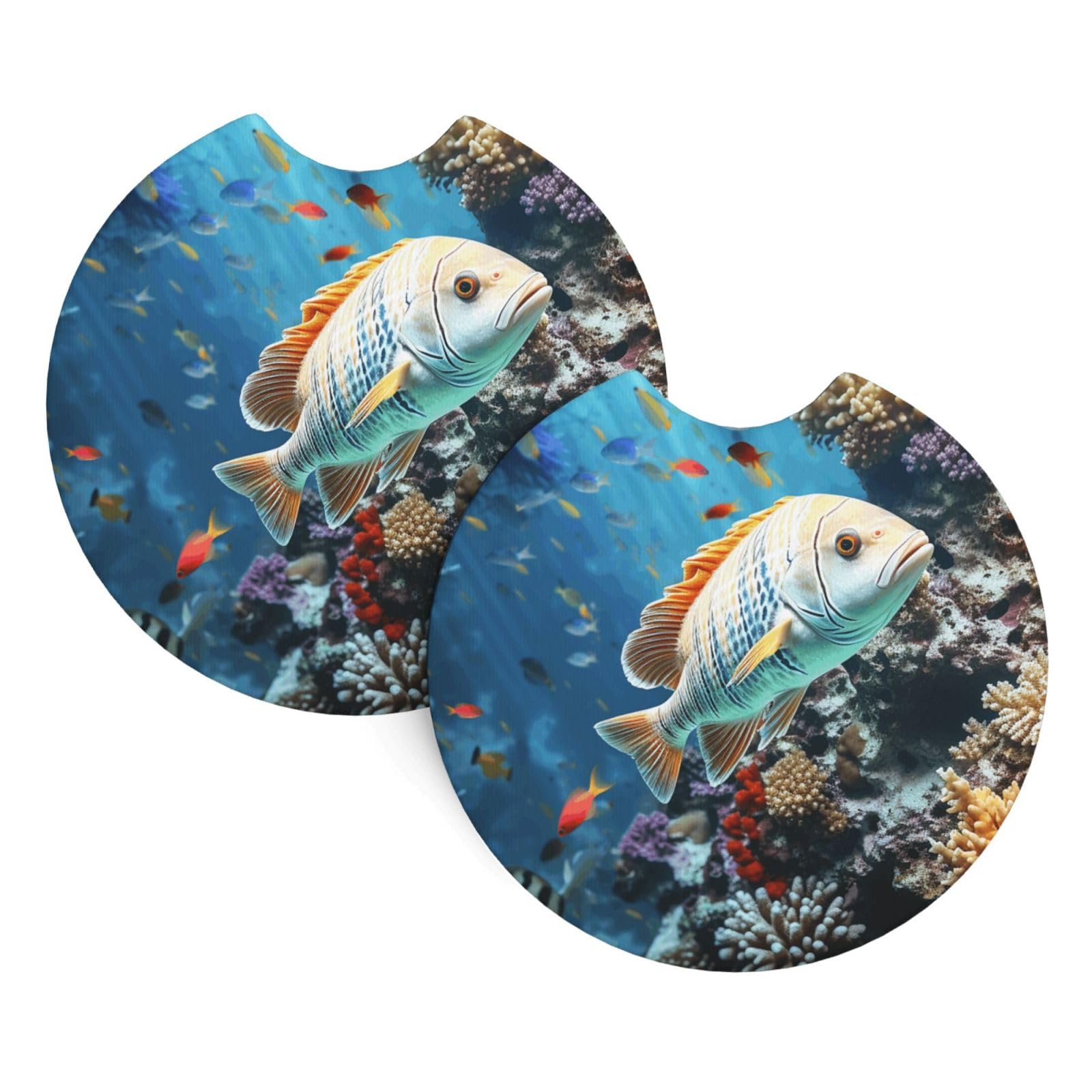 2 Pack Car Coaster for Cup Holders Seabed Underwater Fish Car Cup Coaster 2.7" Neoprene Non-Slip Automotive Cup Mat Universal Auto Car Interior Accessories for Women Men Cup Pad