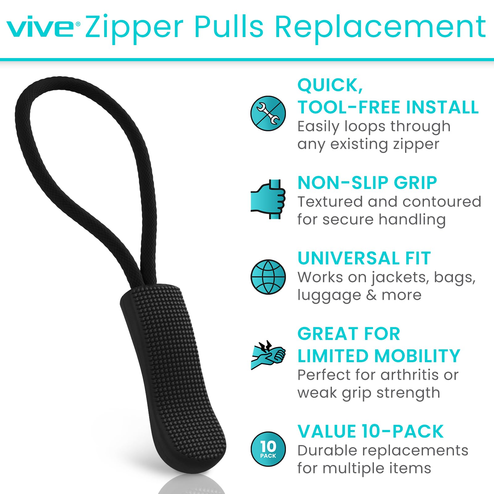 Vive Zipper Pulls (10 Pack) - Helper Grip Replacement Fix for