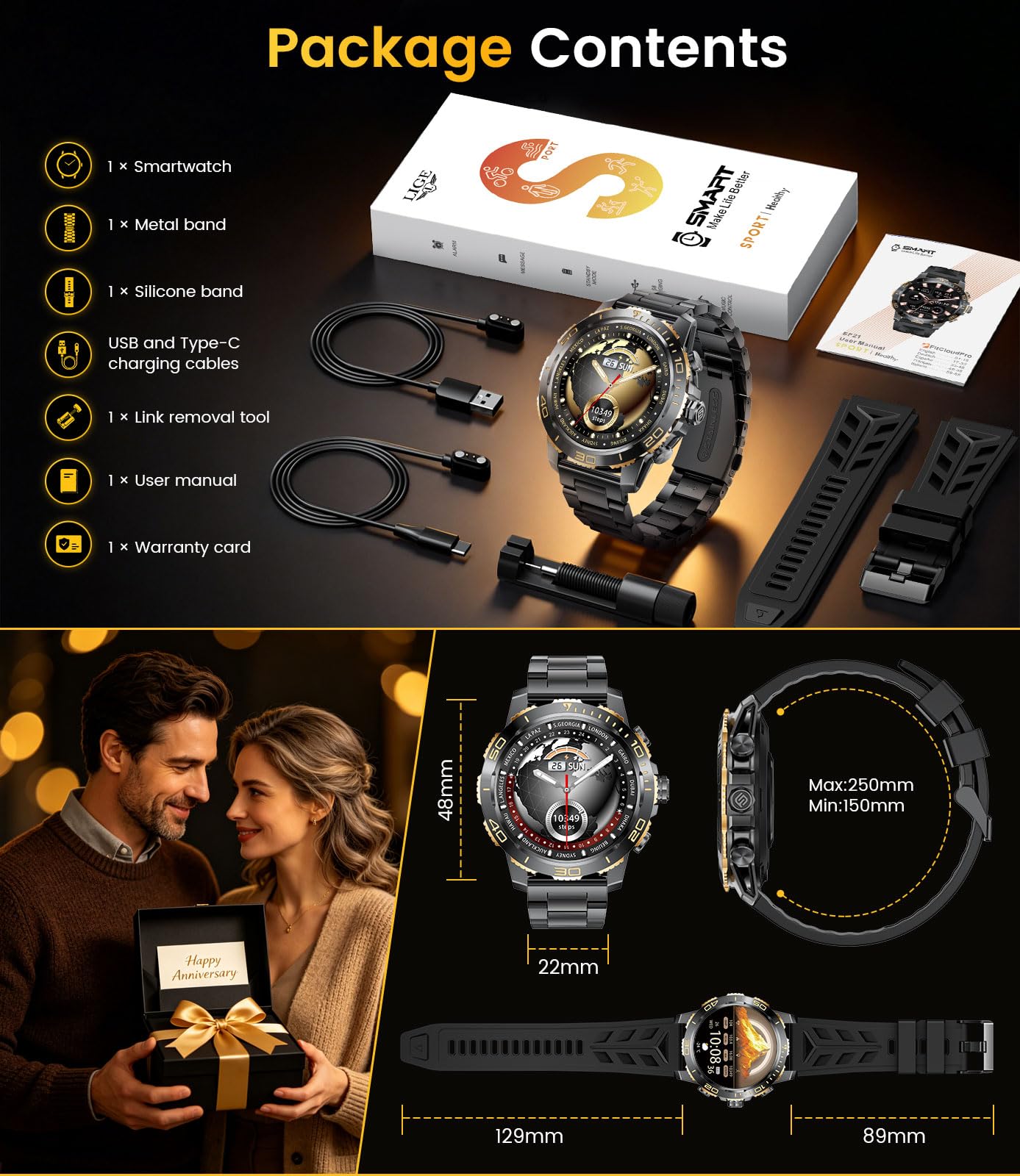 Montre Connectée Homme, 1,43"AMOLED Smartwatch avec Lampe Torche, Appels Bluetooth, 800 mAh, IP68 Étanche, 200+ Modes Sportifs, Suivi de la Fréquence Cardiaque et Sommeil iOS/Android, Noir