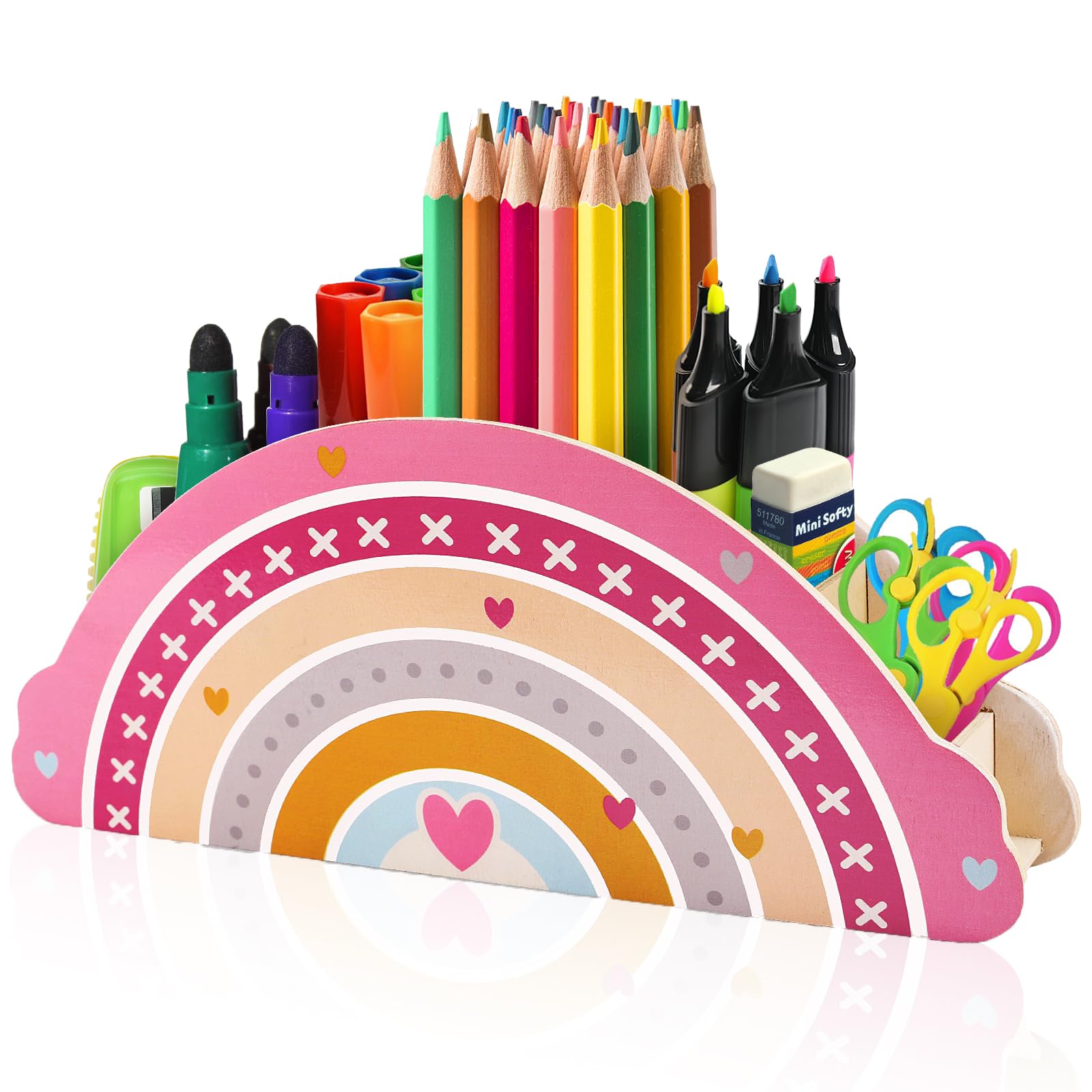 GmwyCzV Organizador de Escritorio, Madera para Lápices de Colores Arcoíris Caja, Organizador de Escritorio Infantil, Portalapices con 5 Compartimentos, para el Hogar, la Escuela, la Oficina