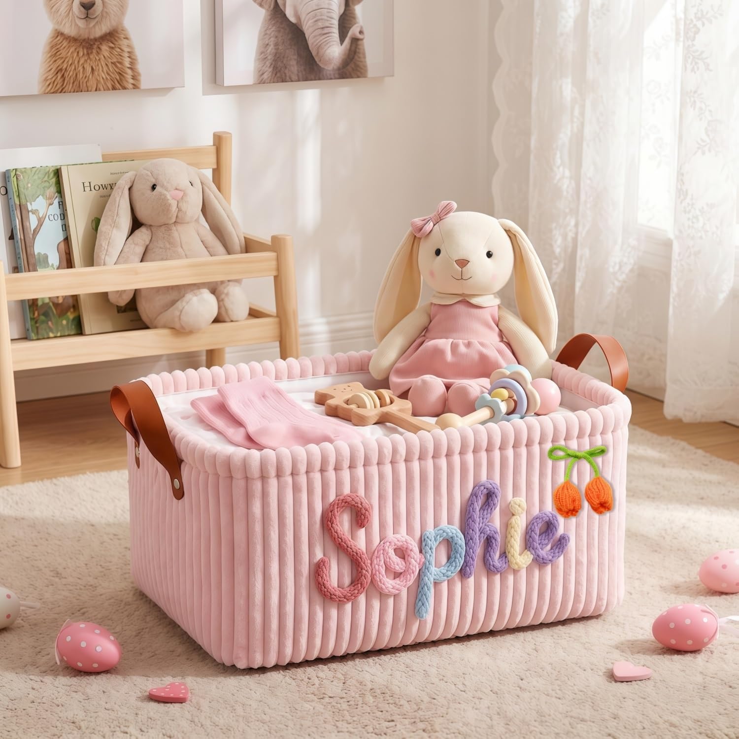 BFBZYME Custom Corduroy Baby Basket, Personalized Woven Name Nursery Storage Bin, Multi-Functional Diaper Caddy Clothes Organizer Box For Newborn