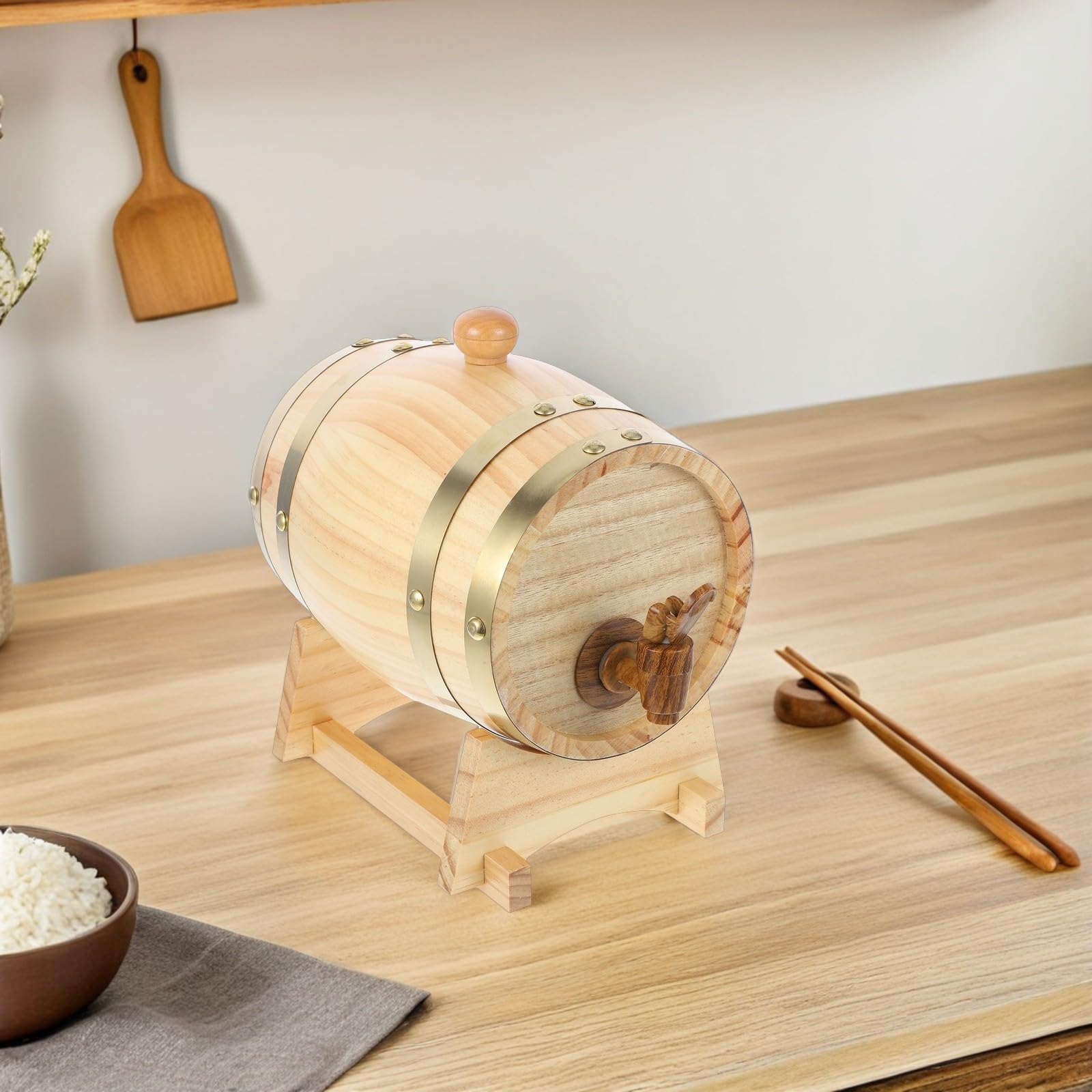 Schnapsfass mit Breiter Basis zur Aromakonservierung mit Zapfhahn und Ständer 3 Liter Holzfass im Vintage Look für Wein und Saft in Gastronomie und Zuhause
