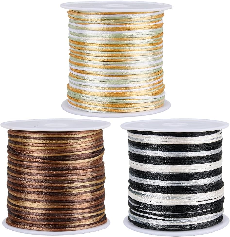 SUNNYCLUE 3 Rolls 3 Colors 150 Yards/137M 1mm Nylon Thread Jewelry Stringing Pink Purple Satin Rattail Macrame Trim Knitting Rope Cord with Spool for Friendship Bracelet Necklace Making DIY Crafts