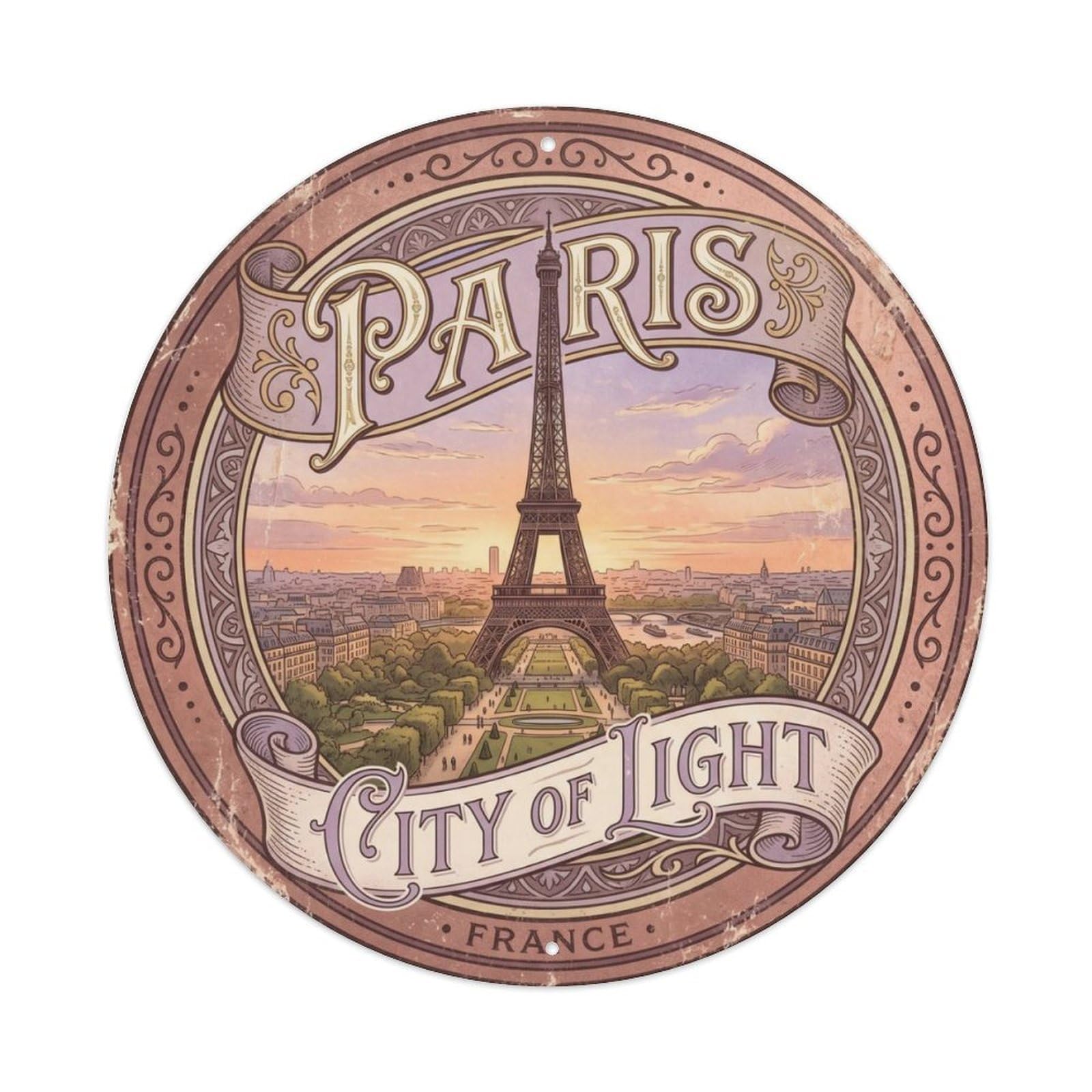 Vintage Travel Paris Eiffel Tower Metal Tin Sign Plaque Wall Decor for Cafe, Club, Garden Round Metal Poster 8x8Inch
