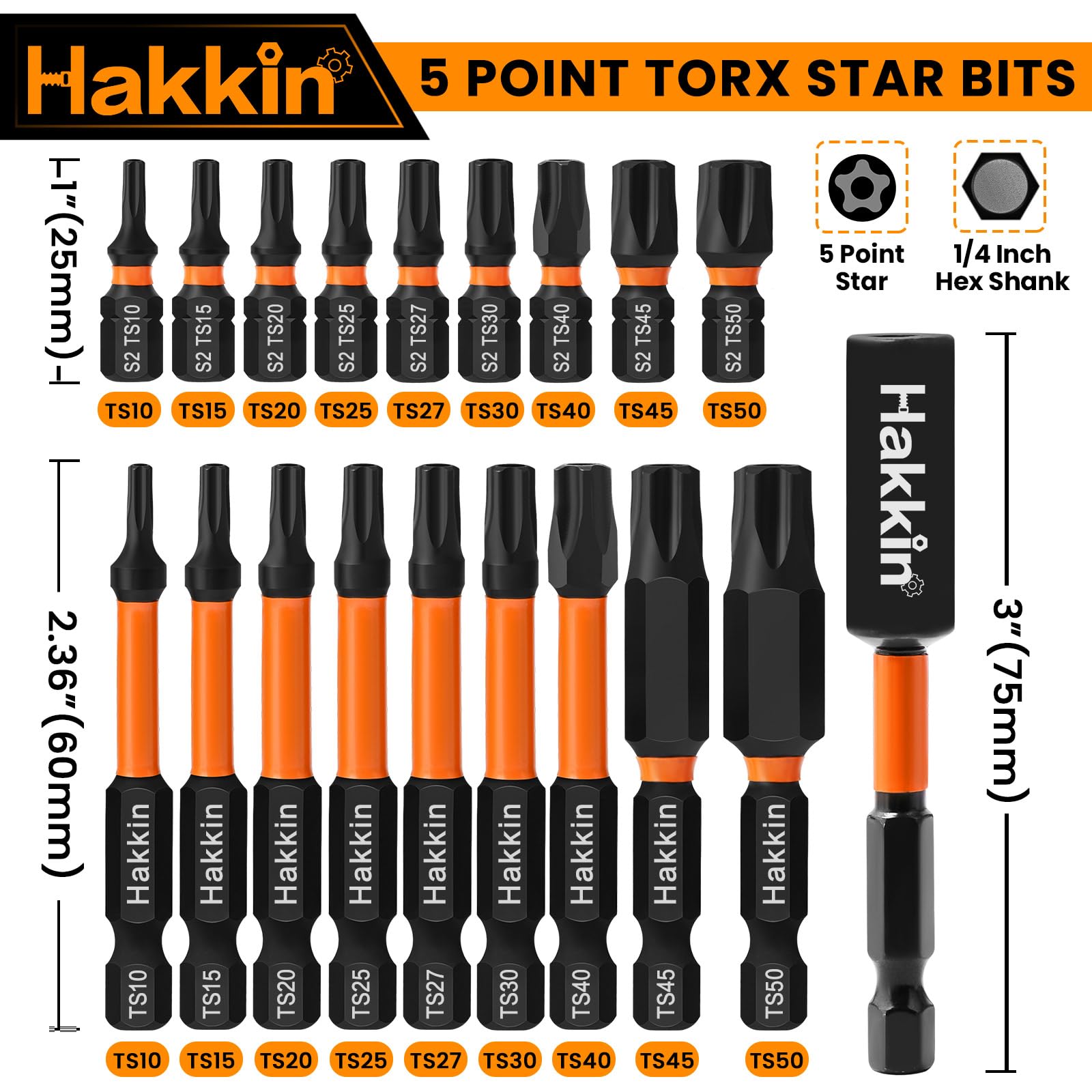 Hakkin 19Pcs Magnetic Torx Security Bit Set, 5 Point Star Bit Set, 1/4” Hex Shank, T10-T50, 60mm & 25mm, 1pcs Extension Holder - Image 2