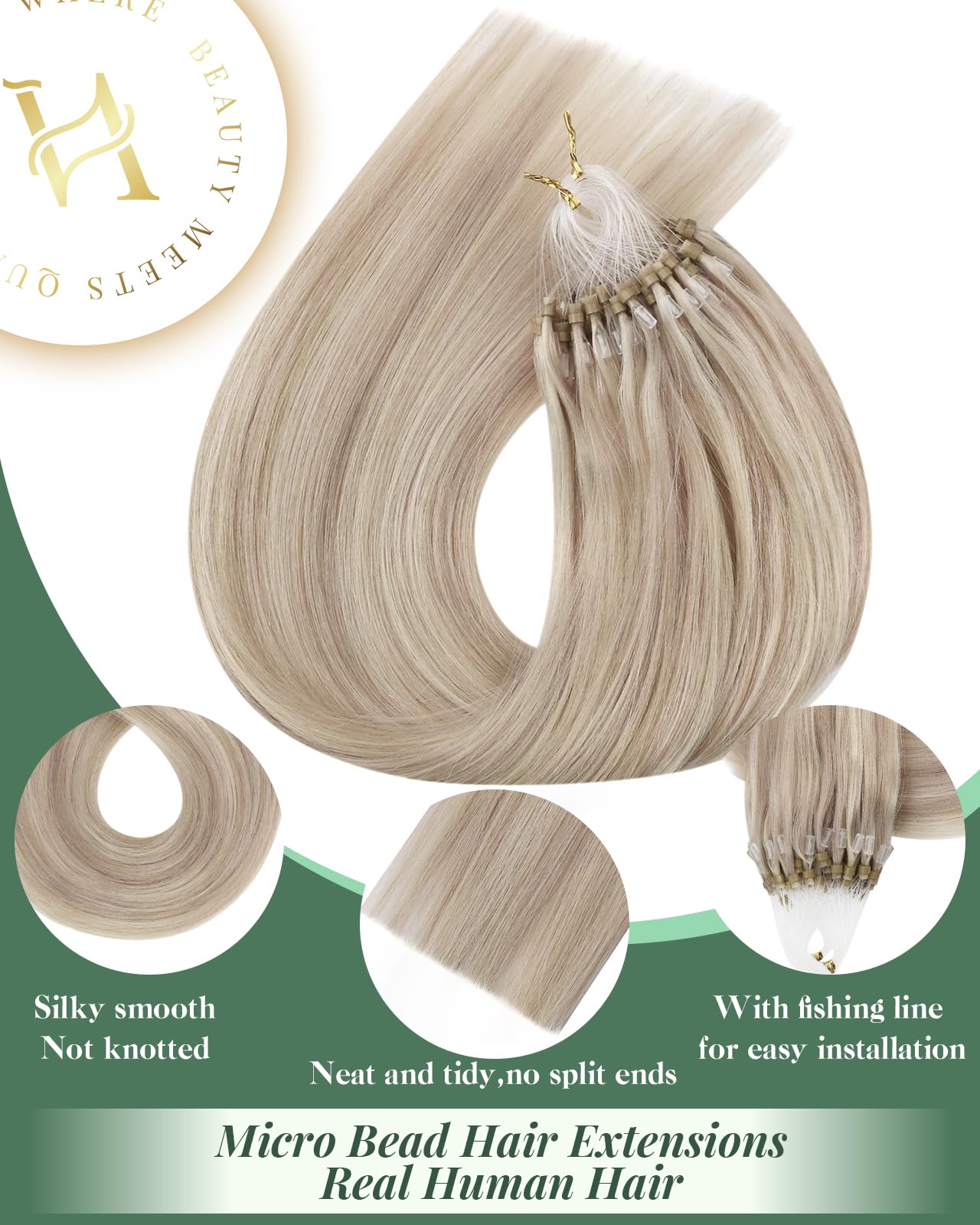 Ugeat Przedłużanie Włosów Mikro Link, Włosy Ludzkie, Pasemka Popielaty Blond, 50 cm 50 sztuk 50g, Przedłużanie Włosów Mikro Koralik Popielaty Blond, Remy Proste