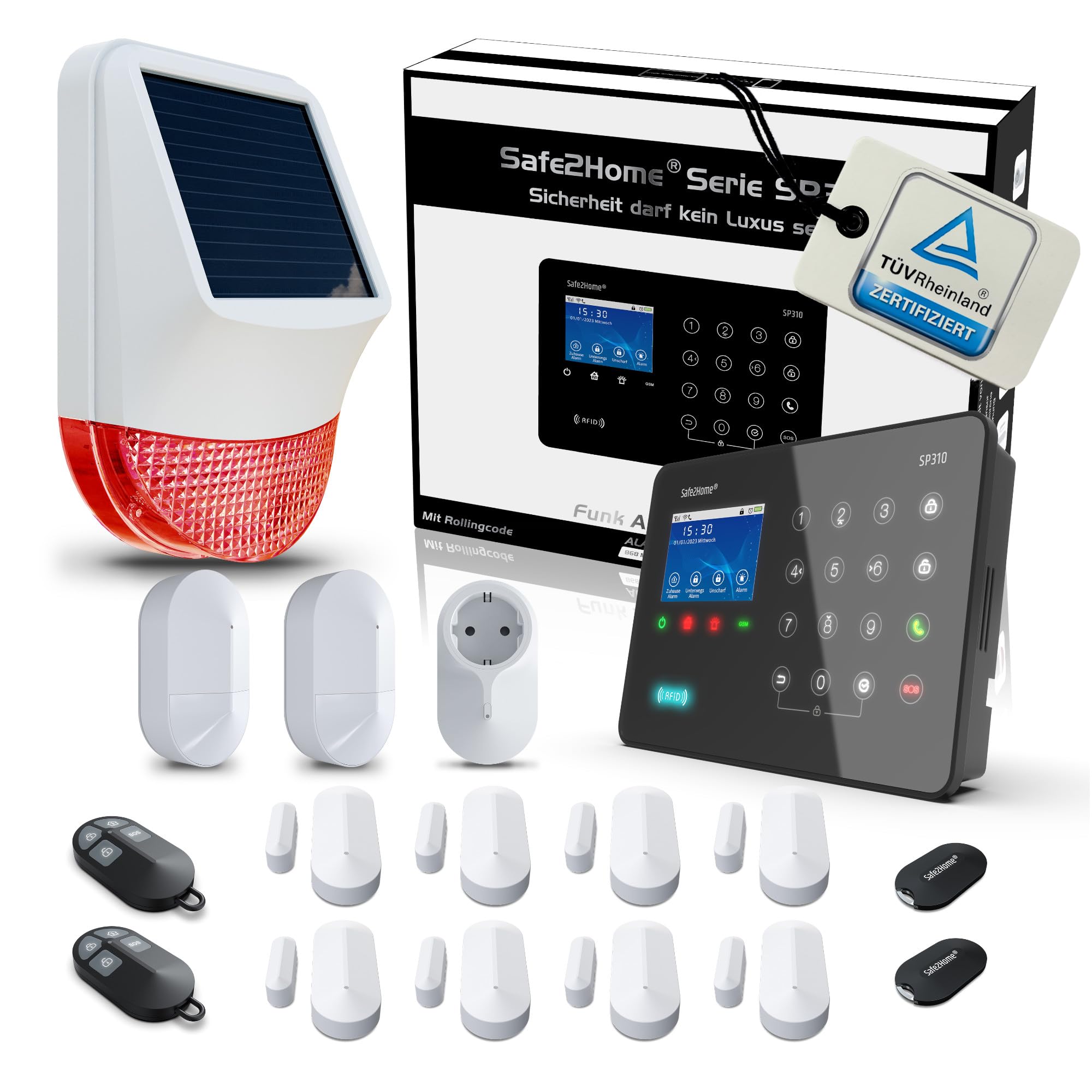 Safe2Home® Sistema de alarma inalámbrico para casa, gran set SP310 con sirena solar, código de cambio, canales cambiantes, base certificada por TÜV-Rheinland, sistema de alarma WiFi con aplicación y