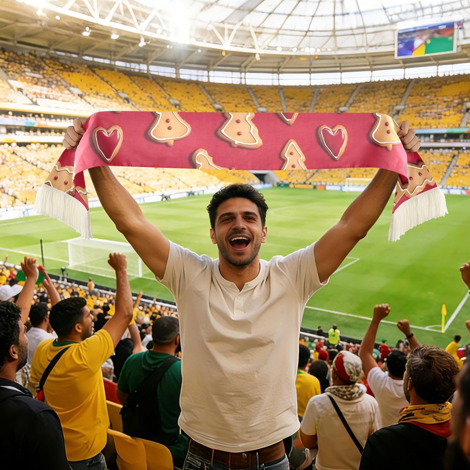CHIFIGNO Christmas Cookies Red Sports Fan Scarf for Soccer Games, Soft Polyester Sweat Towel Wrap with Fringe Ends, Quick Dry Cheering Scarf