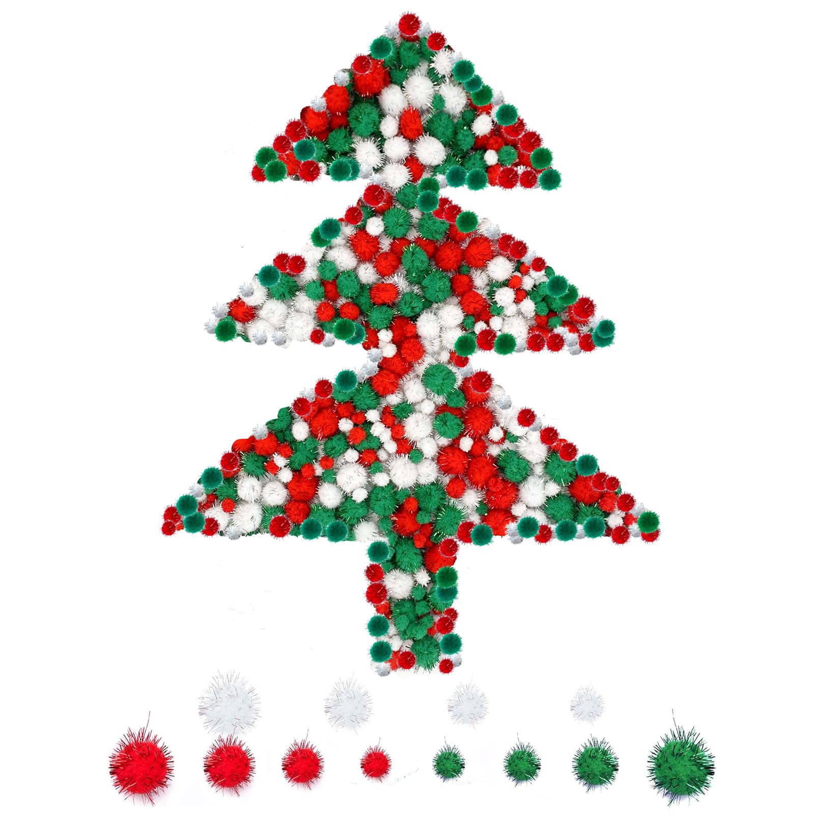 Allruyee 1200 Piece Christmas Pom Pom Balls Glitter Tinsel Craft Supplies in 4 Sizes for Holiday Decorations, DIY Crafts and Home Decor (White, Red, Green) โ image 1