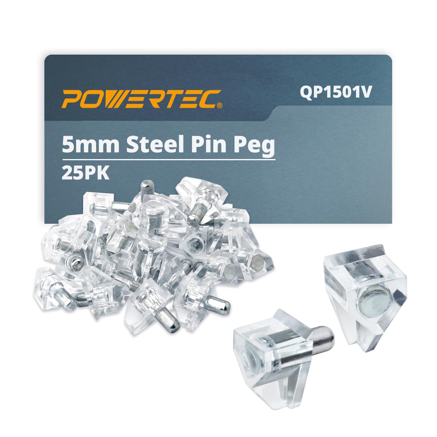 POWERTEC QP1501V 5mm Clear Shelf Pegs 25 pcs, Shelf Pins Support Pegs for Shelves, Kitchen Cabinet Shelf, Bookshelf, Closet and Furniture, Nickel