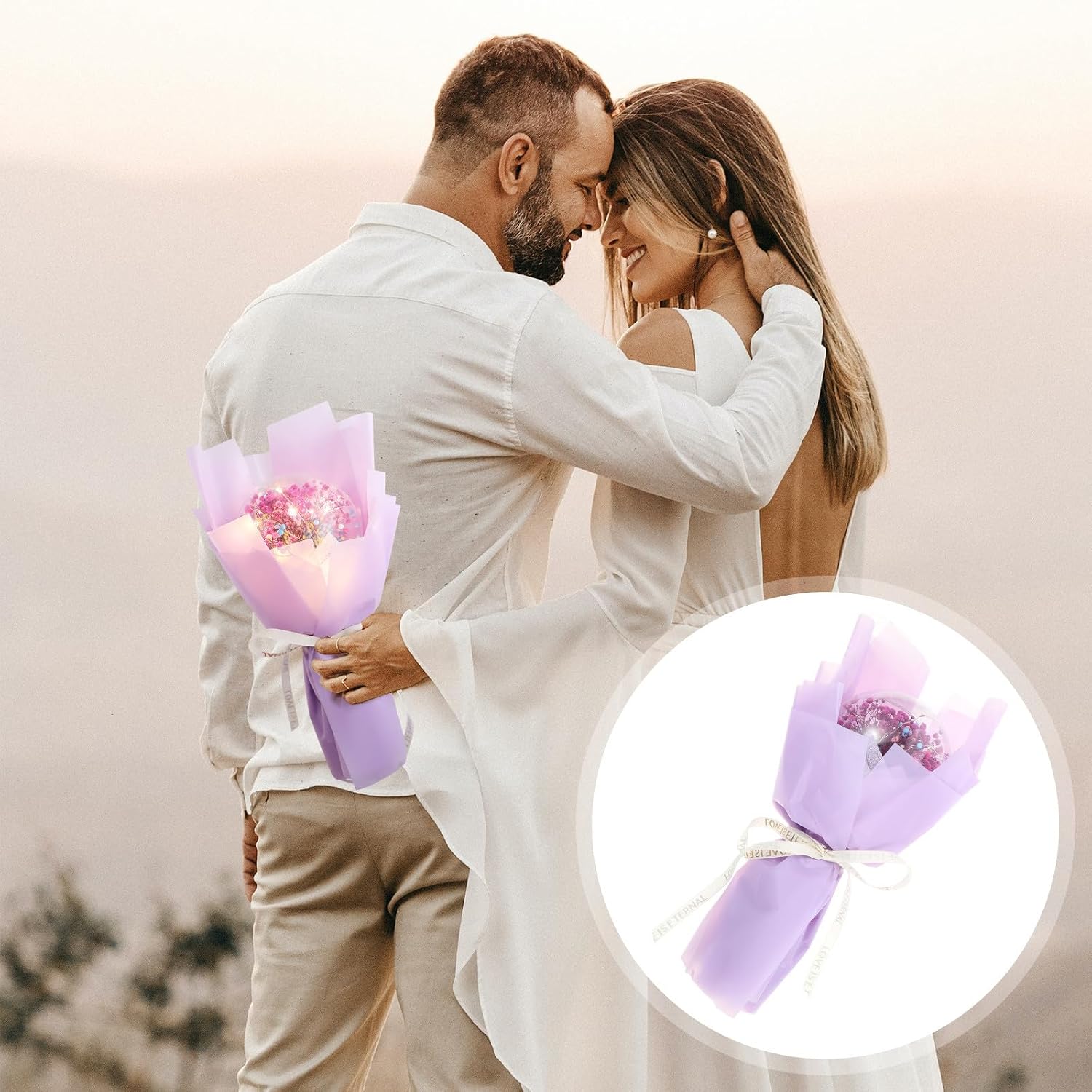 Dried Globe Flower Bouquet with Light up Balloons for Valentine's Day Romantic Gift, Purple Artificial Flower Bouquet with 2 Button Batteries, for Wife or Lover